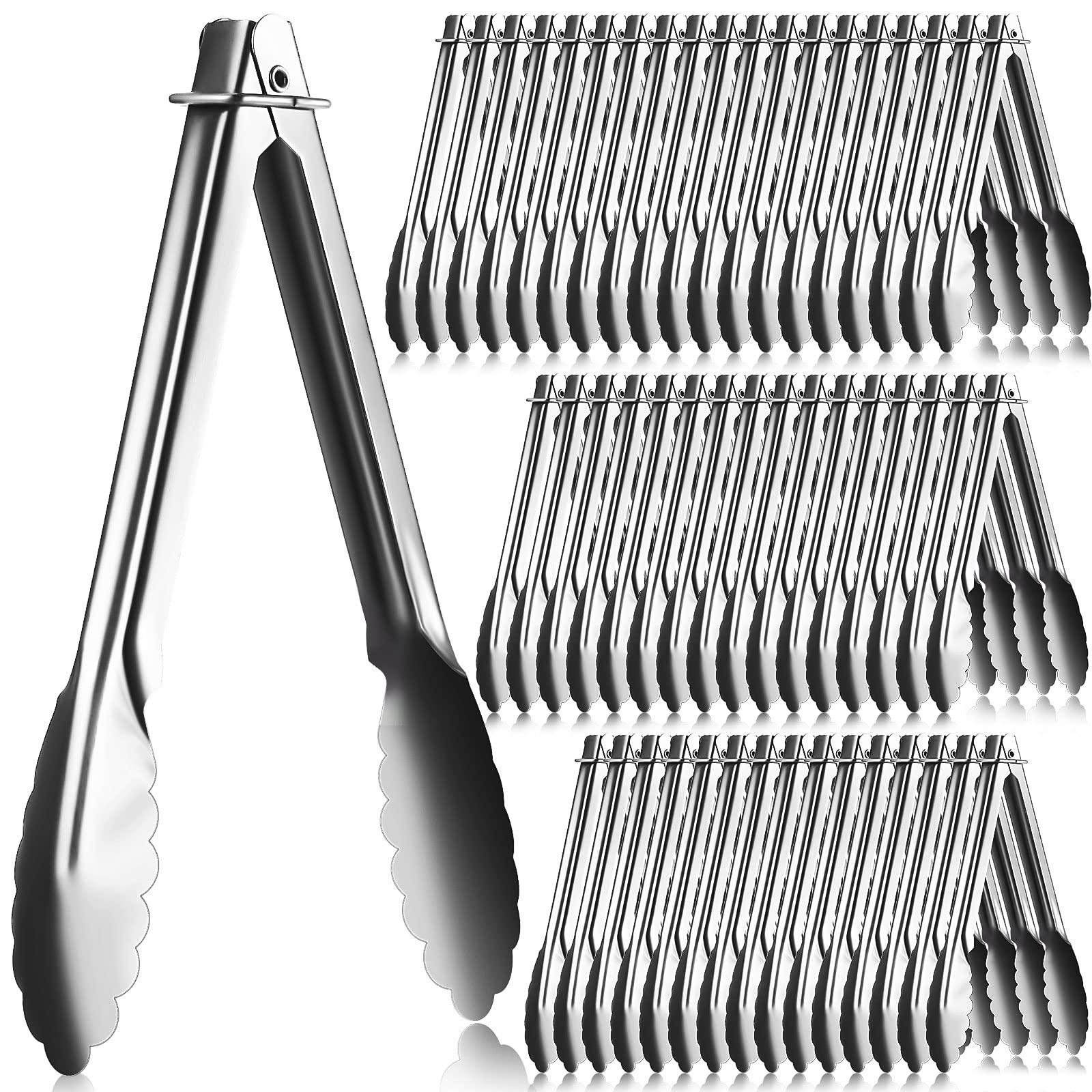 Seewey Set Of 50 Stainless Steel Serving Tongs 7 Inch Cooking Tongs With Sliding Rings Small Clam Shell Metal Tongs Non Slip Foo