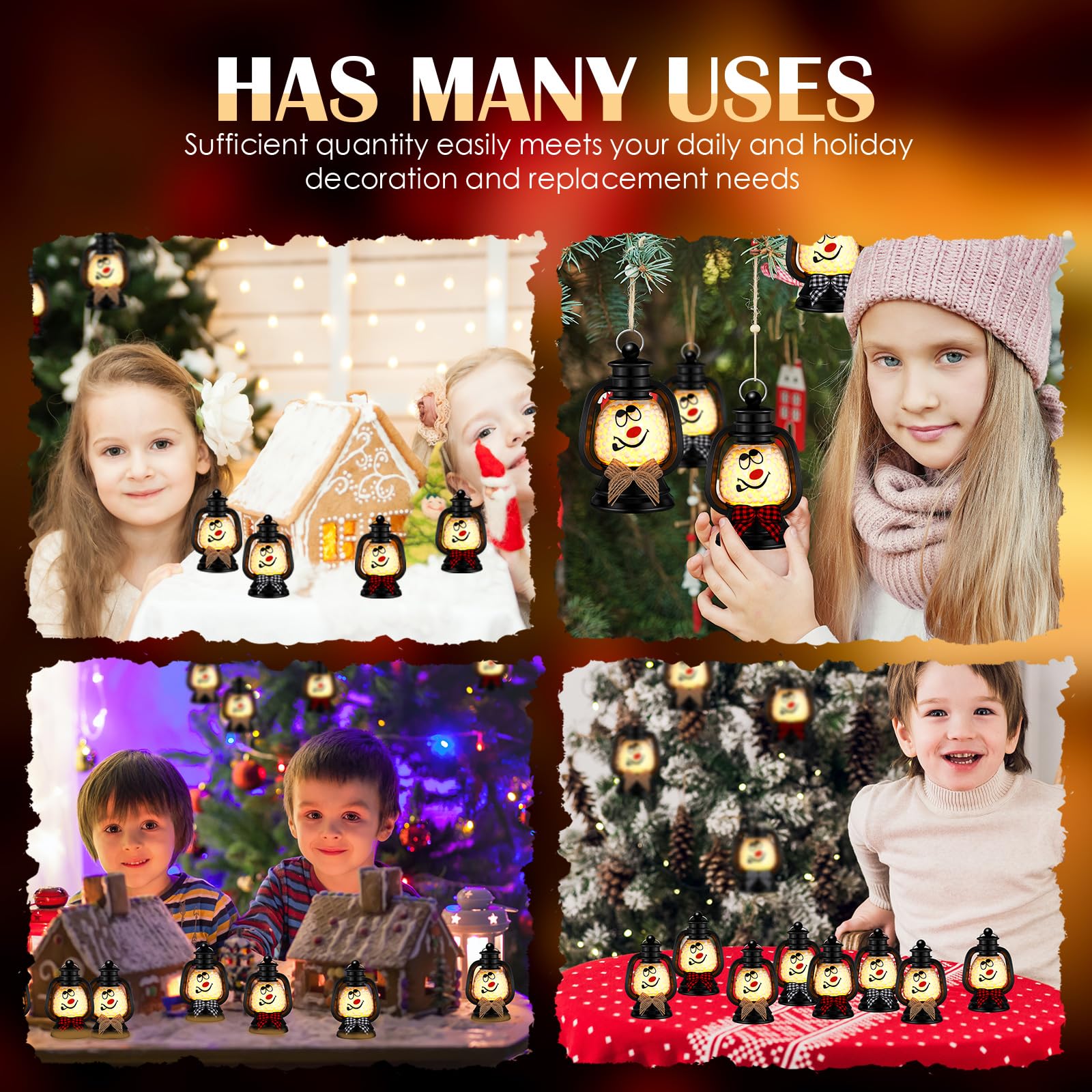 ROCEEI 24 Pcs Christmas Mini Snowman Lanterns Decorative with Flickering LED Candles Buffalo Plaid Bow Small Winter Portable Tab
