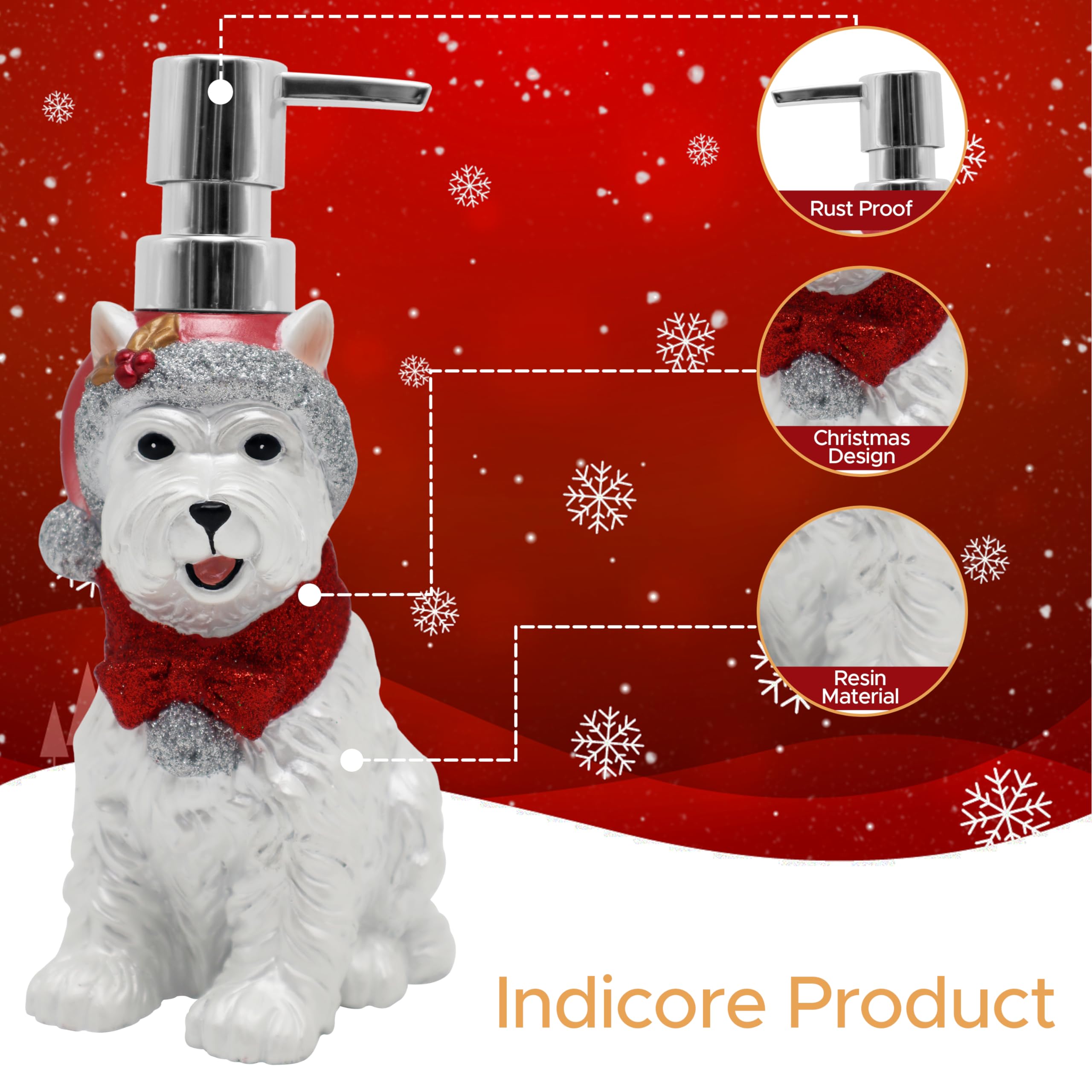 Indecor Home Christmas Soap Dispenser For Bathroom Sink, Kitchen Countertop, Lotion Pump Xmas Holiday Theme 100% Resin For Hand
