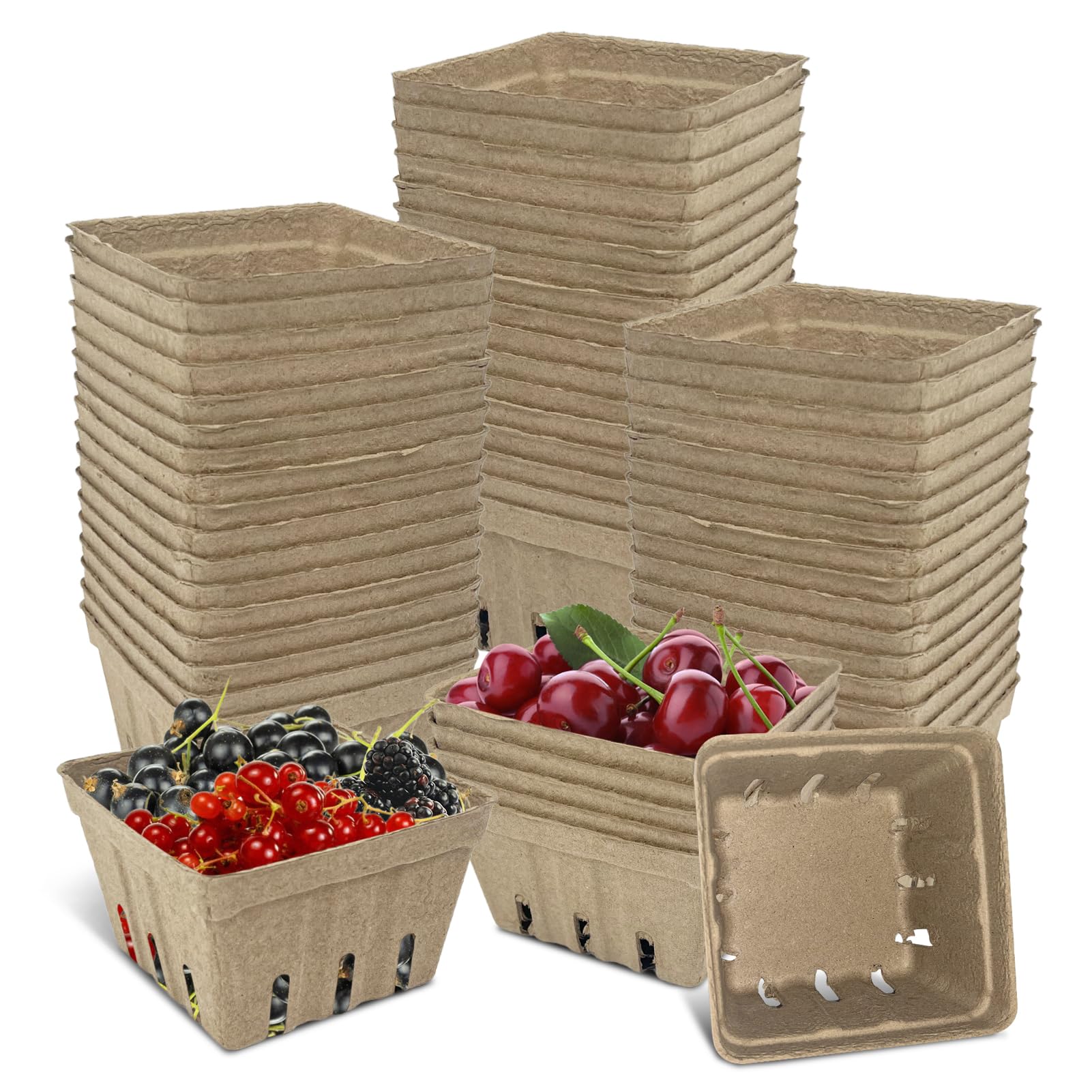 50 Pcs Natural Pulp Fiber Berry Basket, Molded Berry Basket Produce Vented Container for Strawberry Blueberry Raspberry and Vege