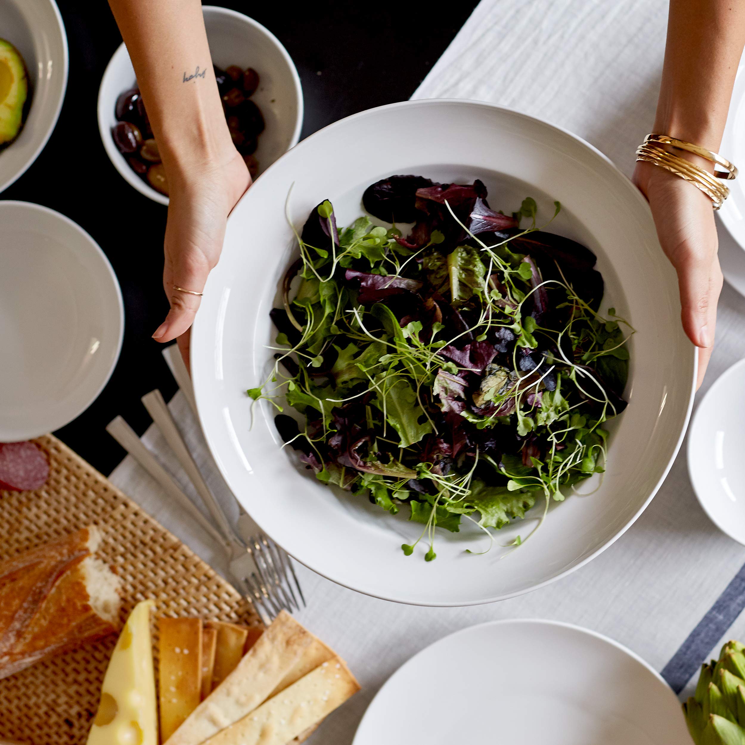 Euro Ceramica Essential Collection Porcelain Entertaining Dinnerware and Serveware, Large Serving Bowl, Inverted Rim Design, Cla