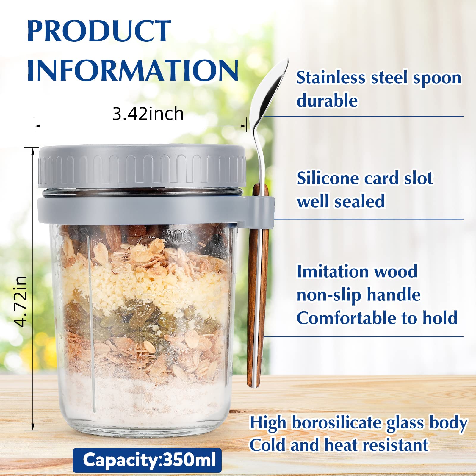 Overnight Oats Jars With Spoon And Lid 16 Oz [2 Pack], Airtight Oatmeal Container With Measurement Marks, Mason Jars With Lid Fo