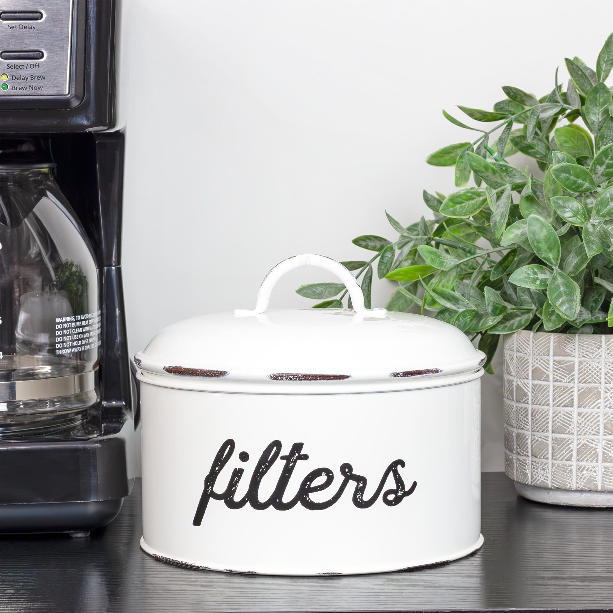 AuldHome Basket Coffee Filter Holder  White Enamel Filter Storage Container in Rustic Farmhouse Distressed Enamelware Design