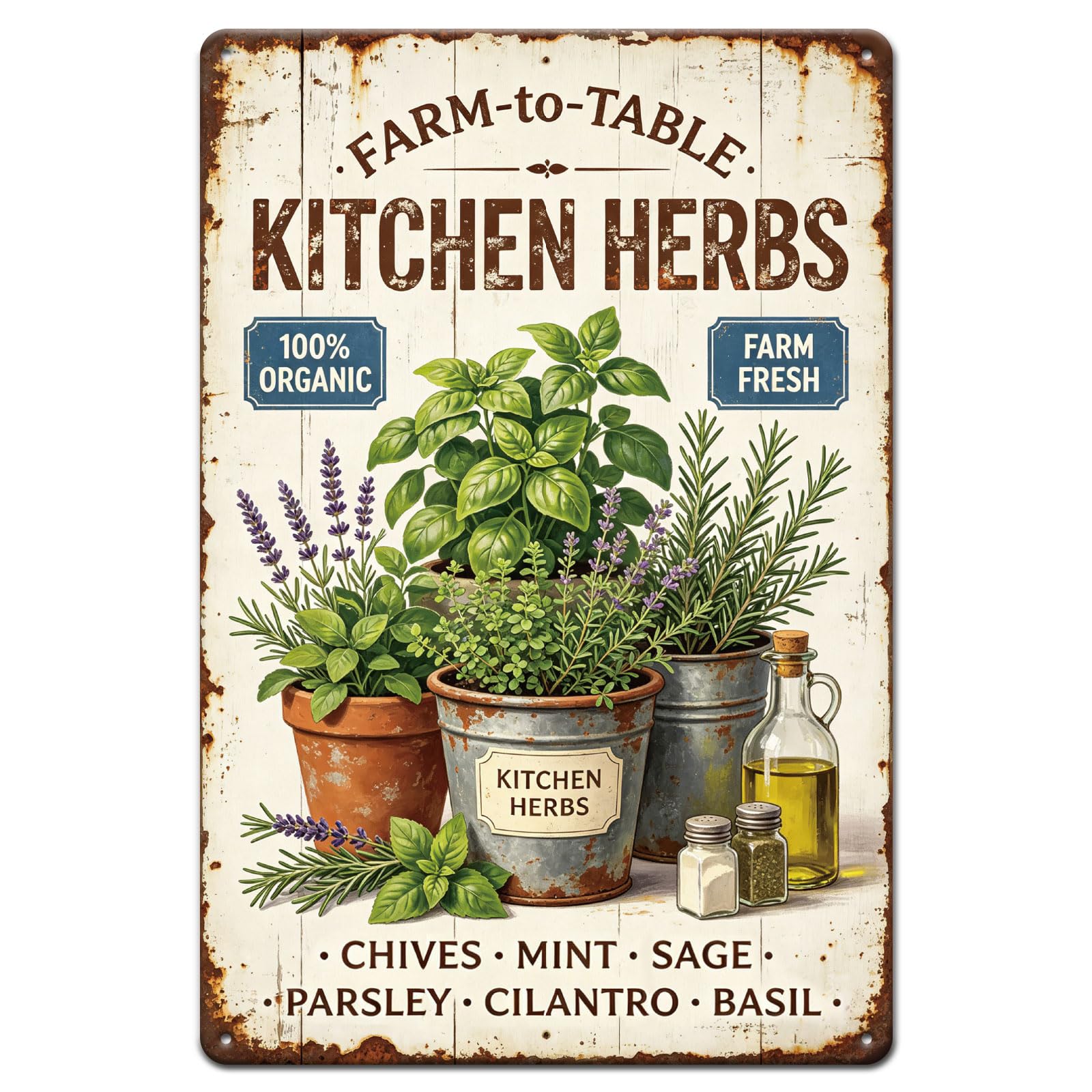 GLOBLELAND Kitchen Seasoning Plants Metal Tin Sign 12x8 inch Funny Farm to Table Tin Signs Retro Chives Mint Sage Wall Poster Pl