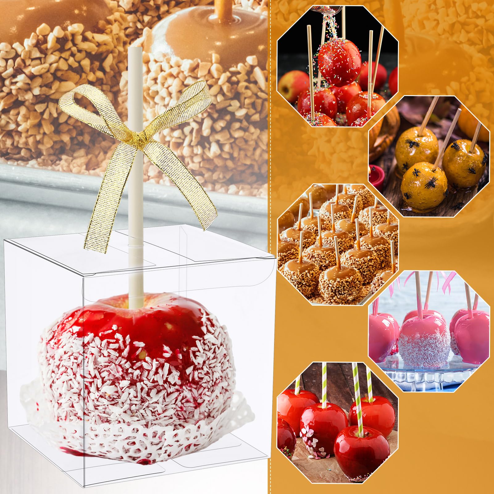 Wesiti 60 Sets 4''X 4''X 4'' Candy Apple Boxes For Treats Clear Candy Apple Boxes With Hole Transparent Cake Boxes With Bamboo P