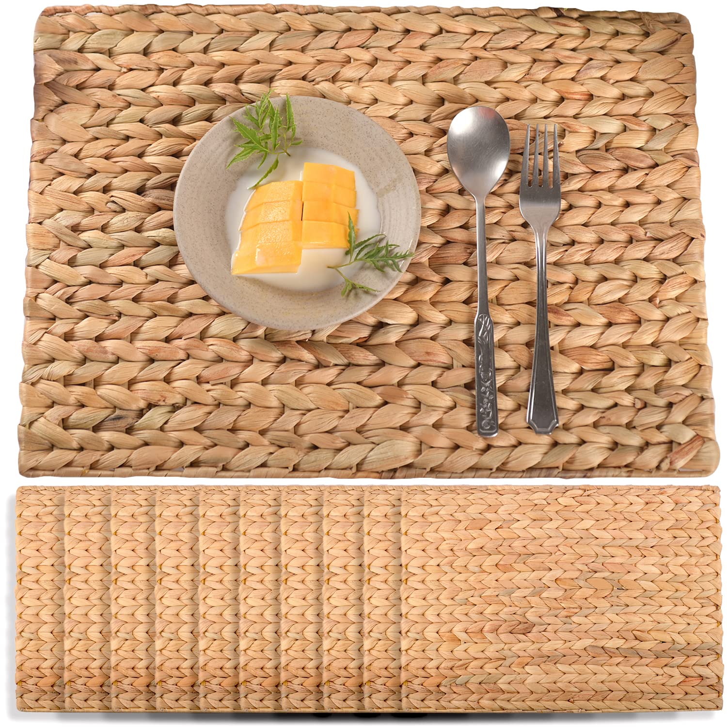 Rectangular Woven Placemats Set Of 10, Natural Water Hyacinth Place Mats, Boho Placemats, Wicker Placemats, Kitchen And Dining T