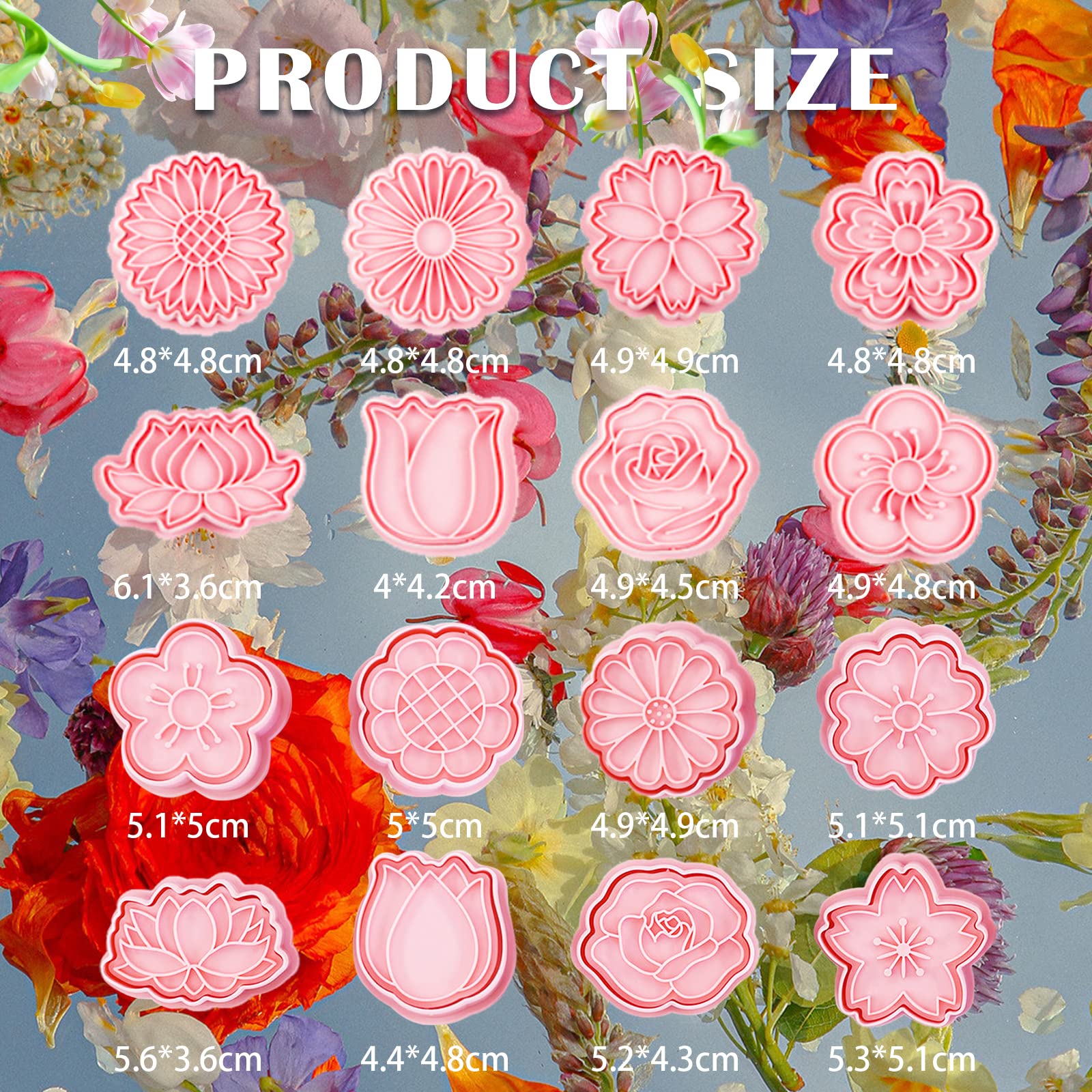 16 Pcs Flower Cookie Cutters Embossing Mini Flower Cookie Stamps Spring Flower Shapes 3D Plastic Cookie Cutters For Kids Fondant