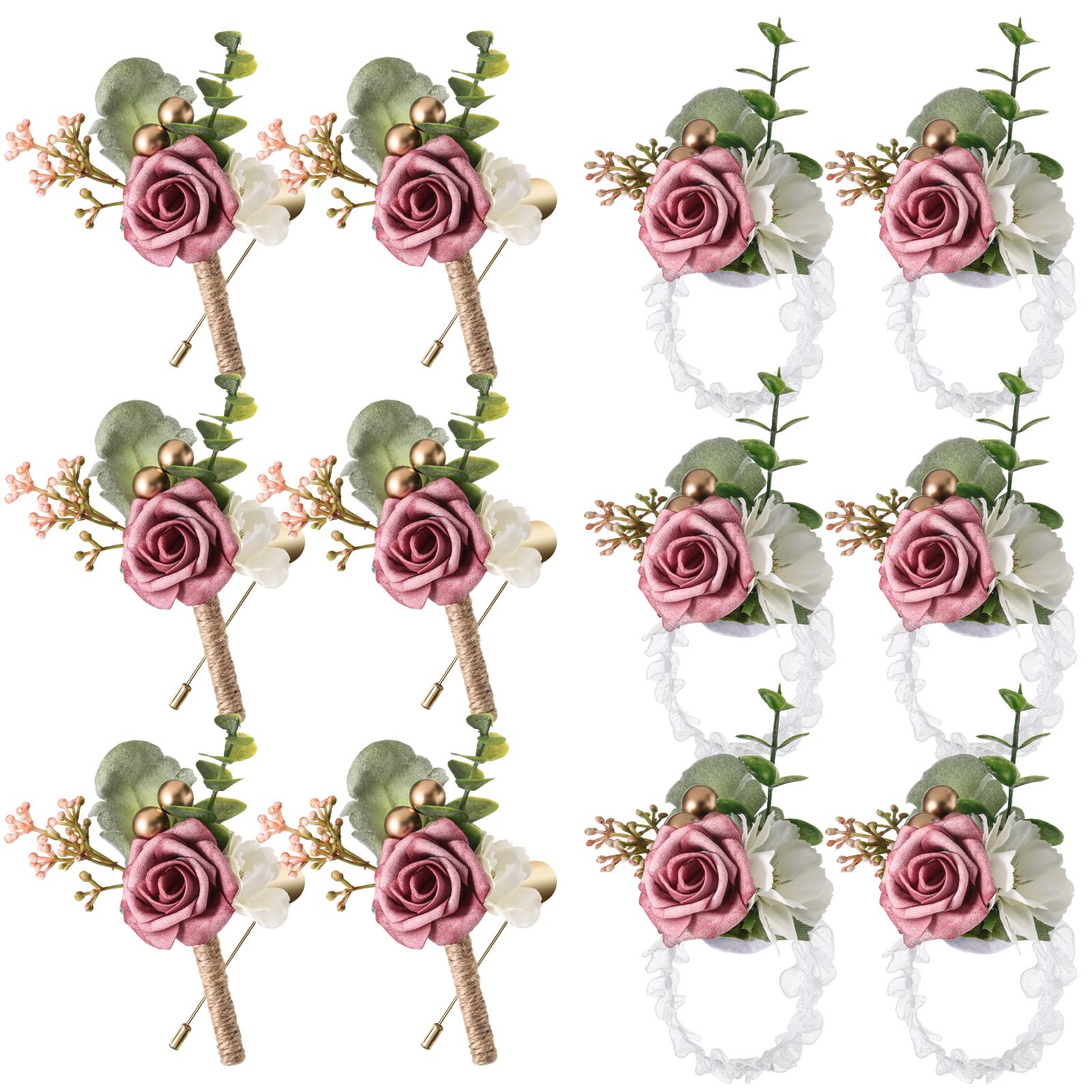12 Pcs Wedding Wrist Corsage and Boutonniere Set Rose Wrist Corsage for Prom Boutonniere for Men Wedding Flowers Accessories Pro