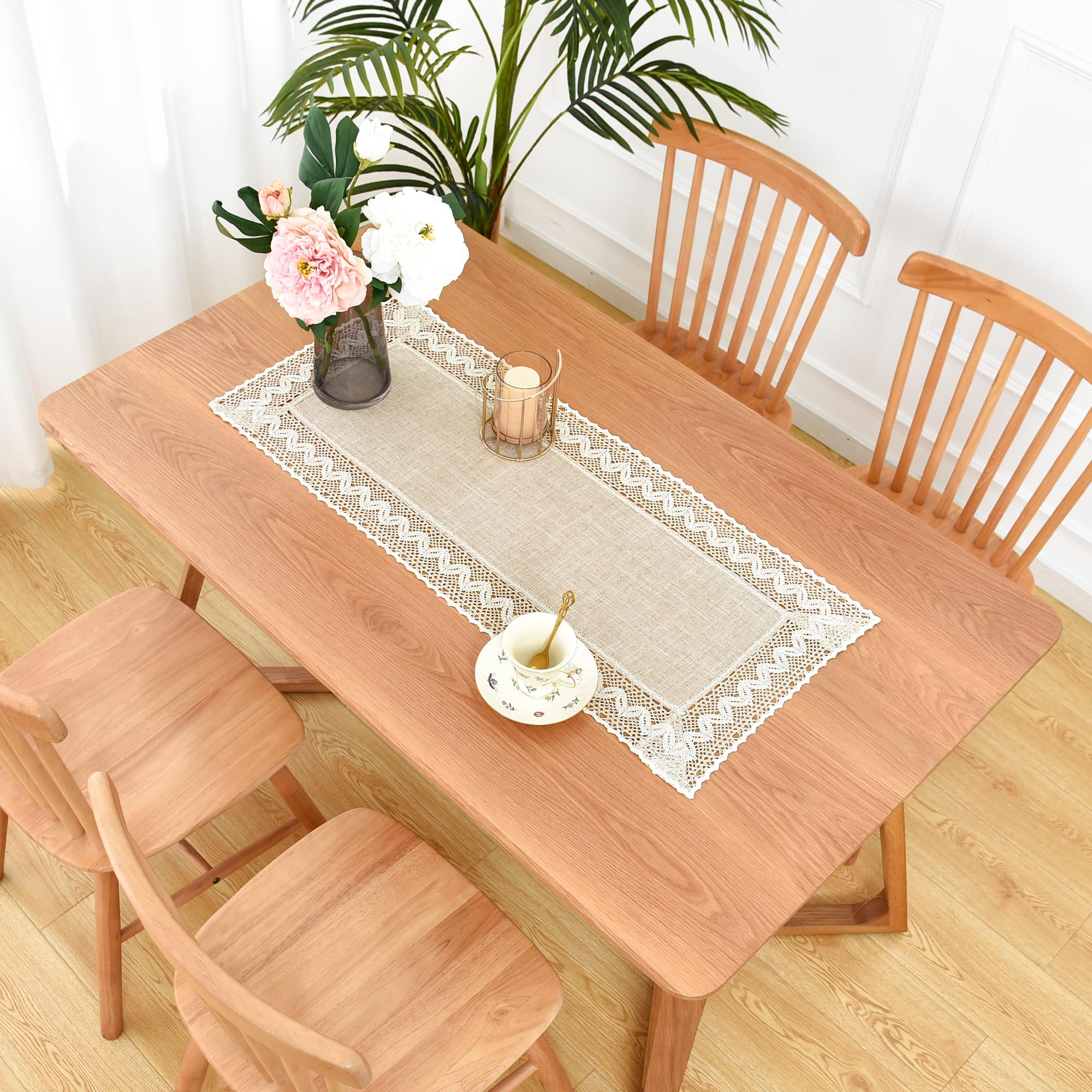 Linen Rustic Farmhouse Style Short Table Runner Beige Lace Basic Flax Dresser Scarf 36 Inch