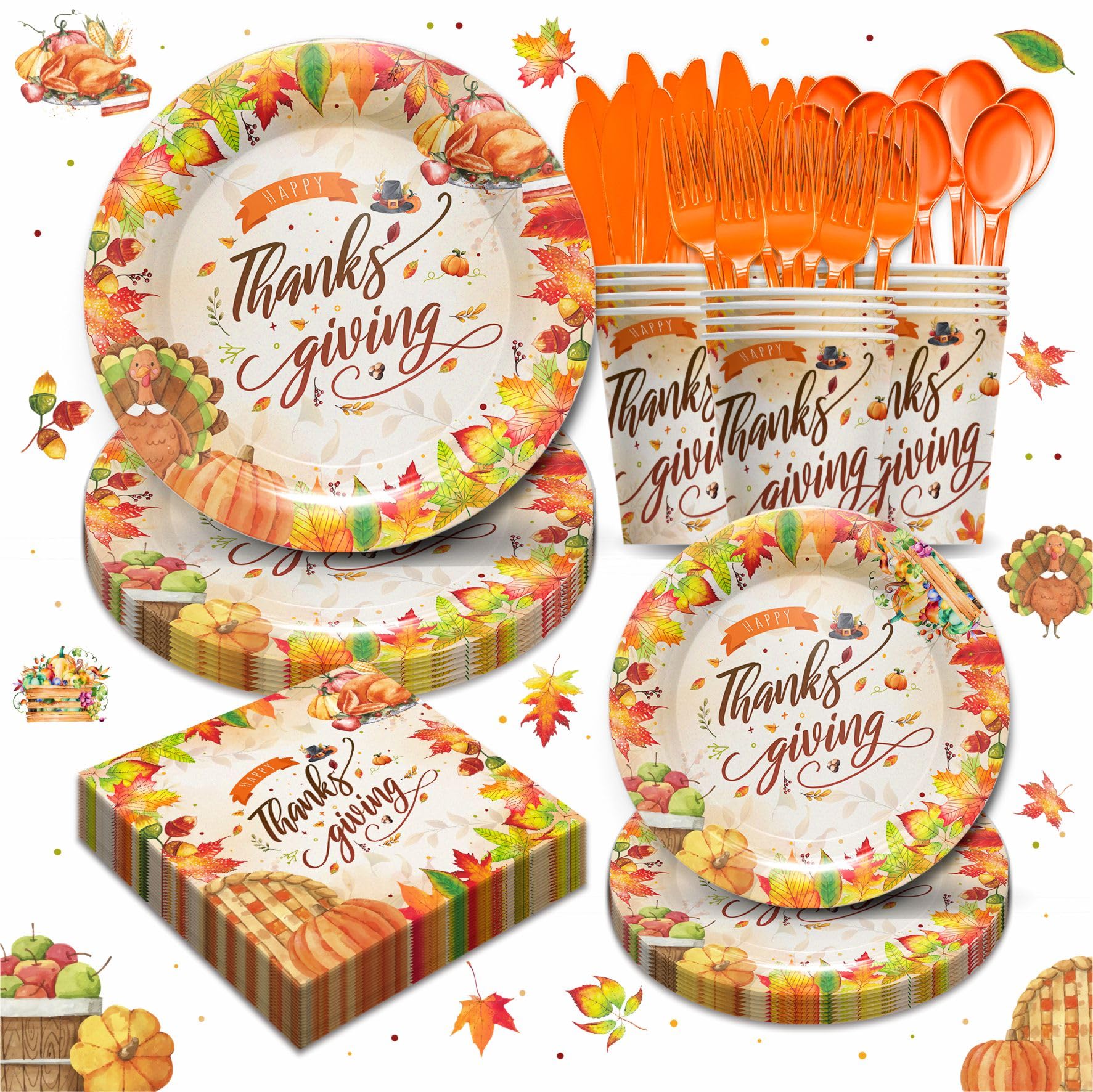 Piooluialy Thanksgiving Party Supplies Tableware - Happy Thanksgiving Turkey Party Decorations Include Plates, Napkins, Cups, Cu