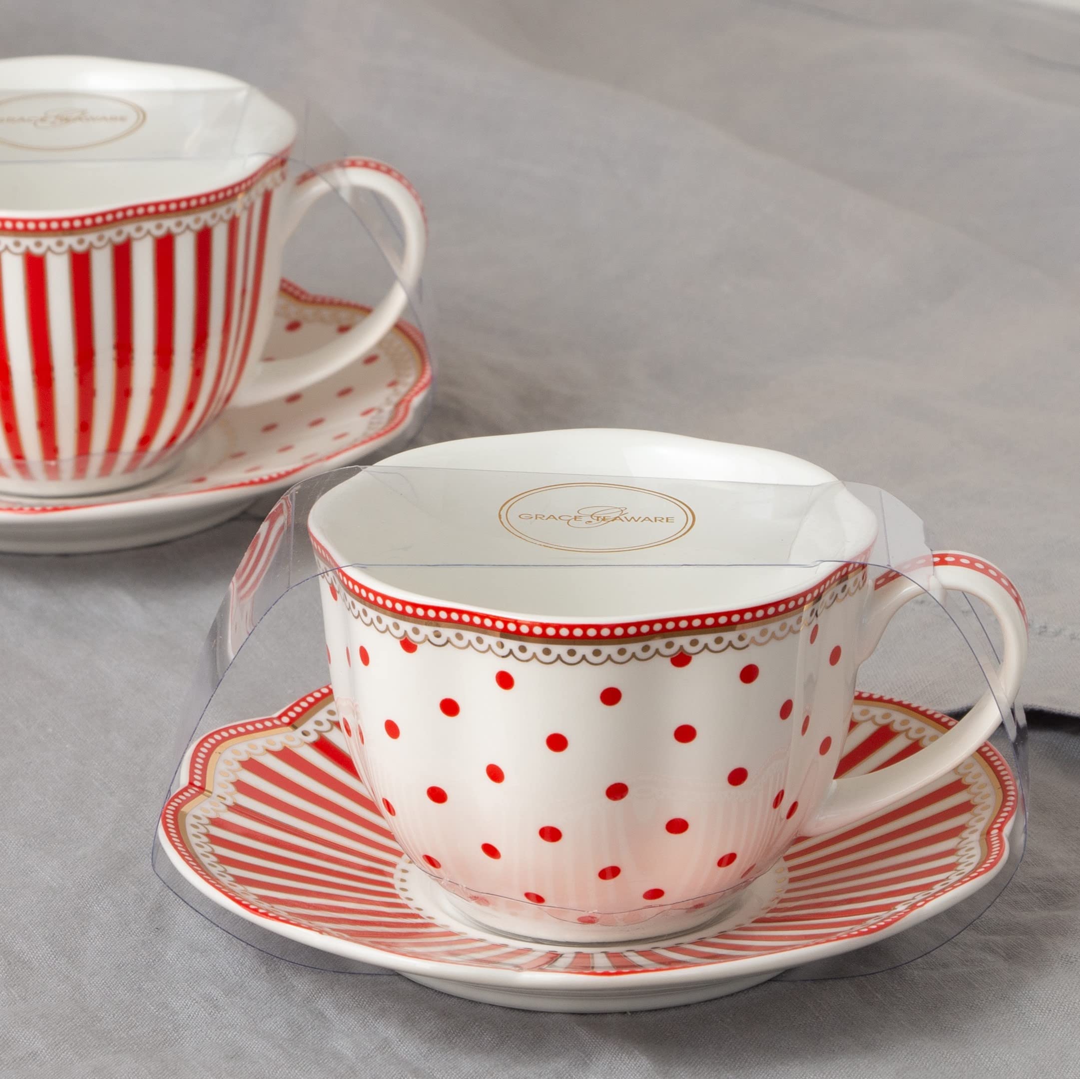 Grace Teaware Red Dot Stripes Scallop 9-Ounce Porcelain Tea/Coffee Cup And Saucer, Set Of 2 (G1960264Rd-2)