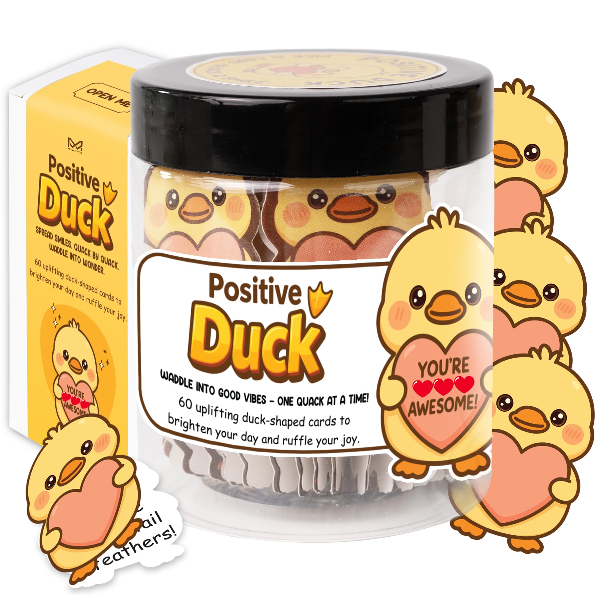 Miarita Positive Duck Jar - 60 Funny Emotional Uplifting Support Affirmation Cards, White Elephant Gift For Women Men, Stress Re
