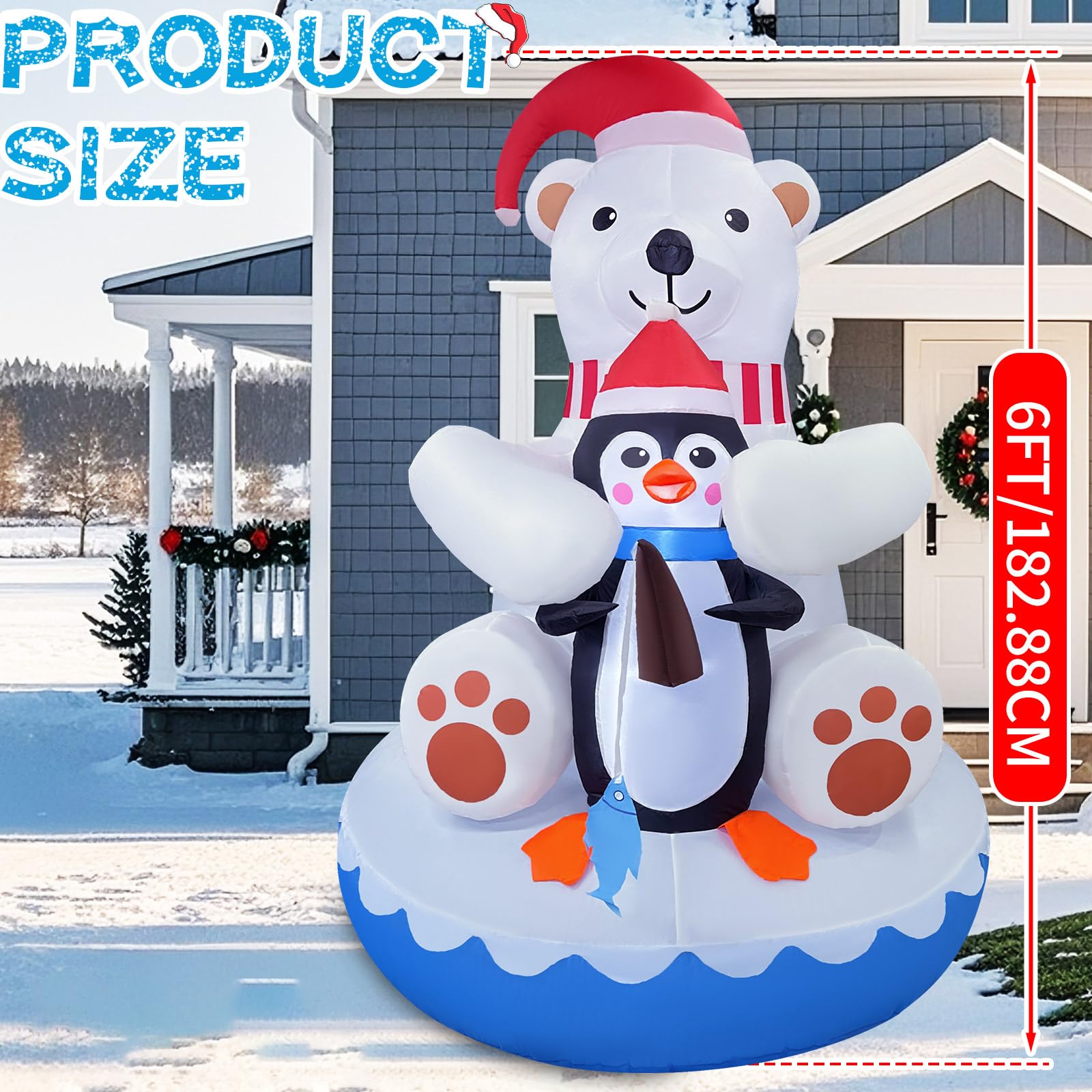 GIGLIM 6FT Christmas Inflatable Polar Bear & Penguin Decor, White & Red, 210T Polyester, with 4 Built-in LEDs for Outdoor Holiday Display