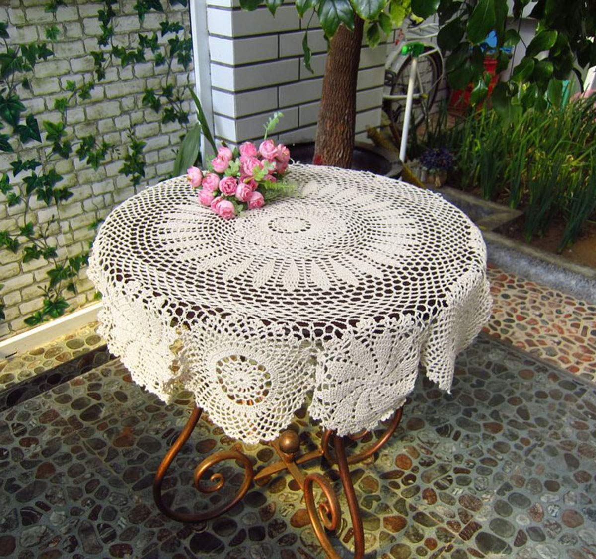 Hetao 100% Cotton Handmade Crochet Round Tablecloth Doilies Lace Table Covers,Beige, 27 Inch