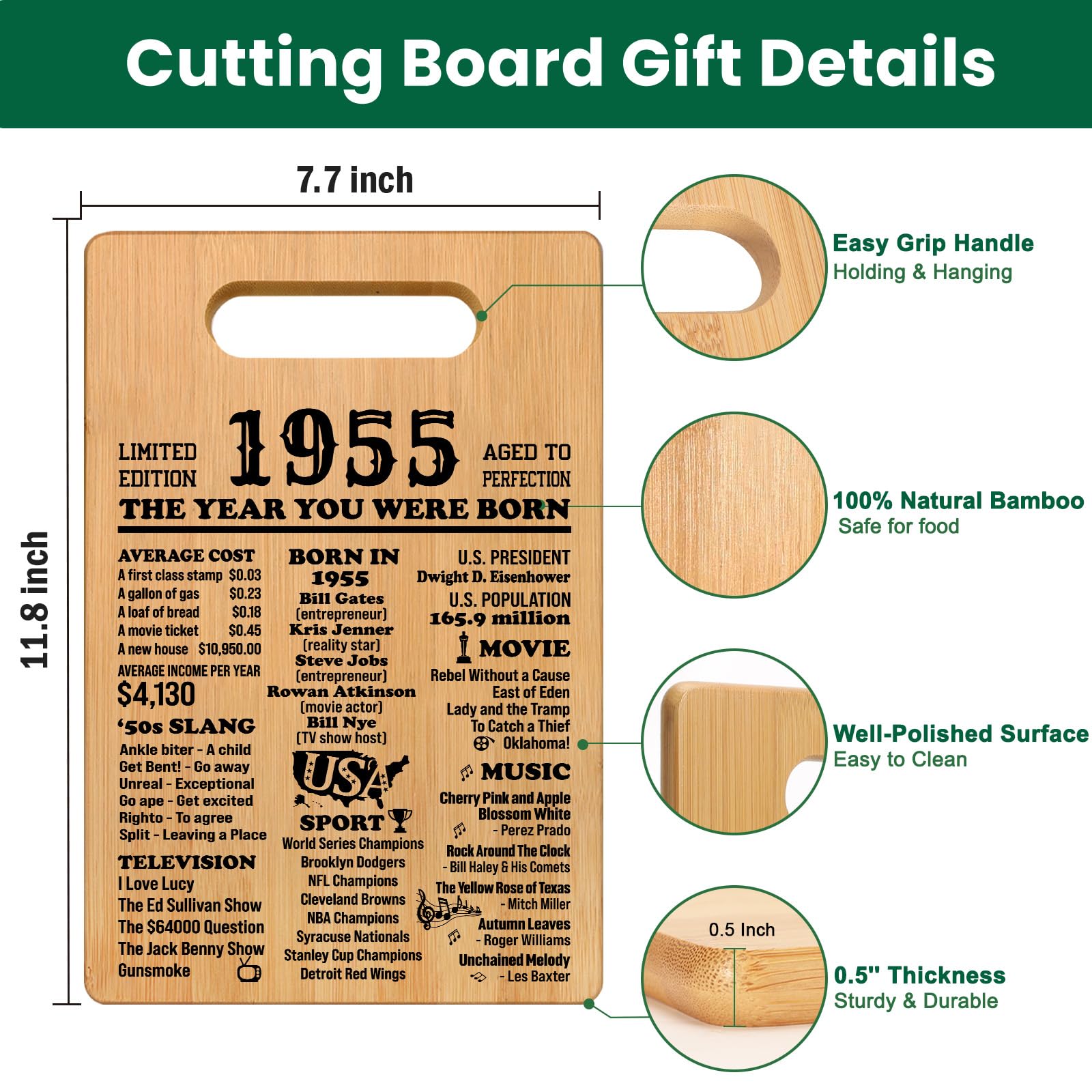 70th Birthday Gifts for Women Men, 1955 Cutting Board 70th Birthday Gifts for Her Him, Happy Birthday 70 Years Old Gifts 70th Bi