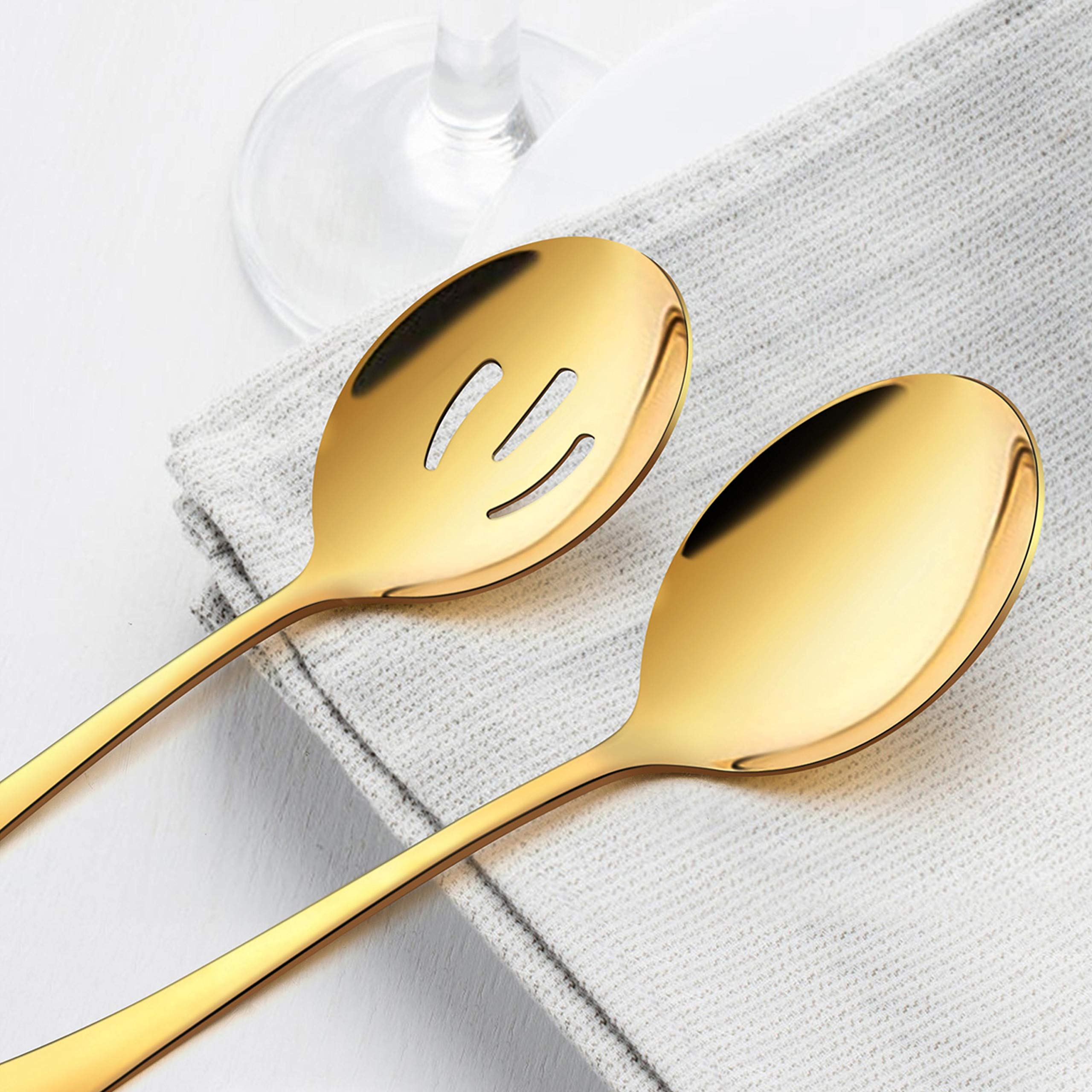 Lianyu 6 Pack Large Gold Serving Spoons Set, 3 Gold Serving Spoons, 3 Gold Slotted Serving Spoons, 9.8Inch Stainless Steel Servi