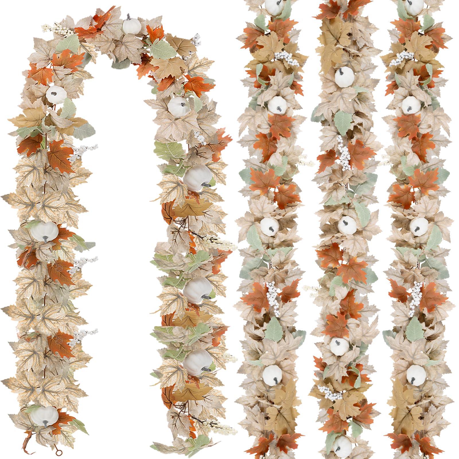 Neutral Fall Garland for Mantle Fireplace - 4 Pack Total 48Ft Outdoor Autumn Leaves Decor for Home Front Door with Pumpkins Indo