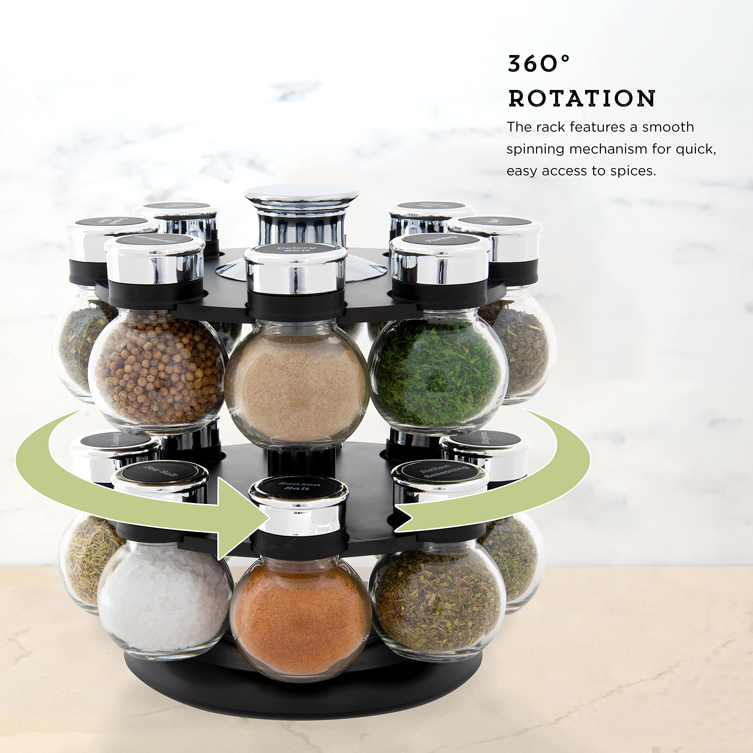 Kamenstein 16 Jar Ellington Revolving Countertop Spice Rack With Lift & Pour Caps And Spices Included, Free Spice Refills For 5