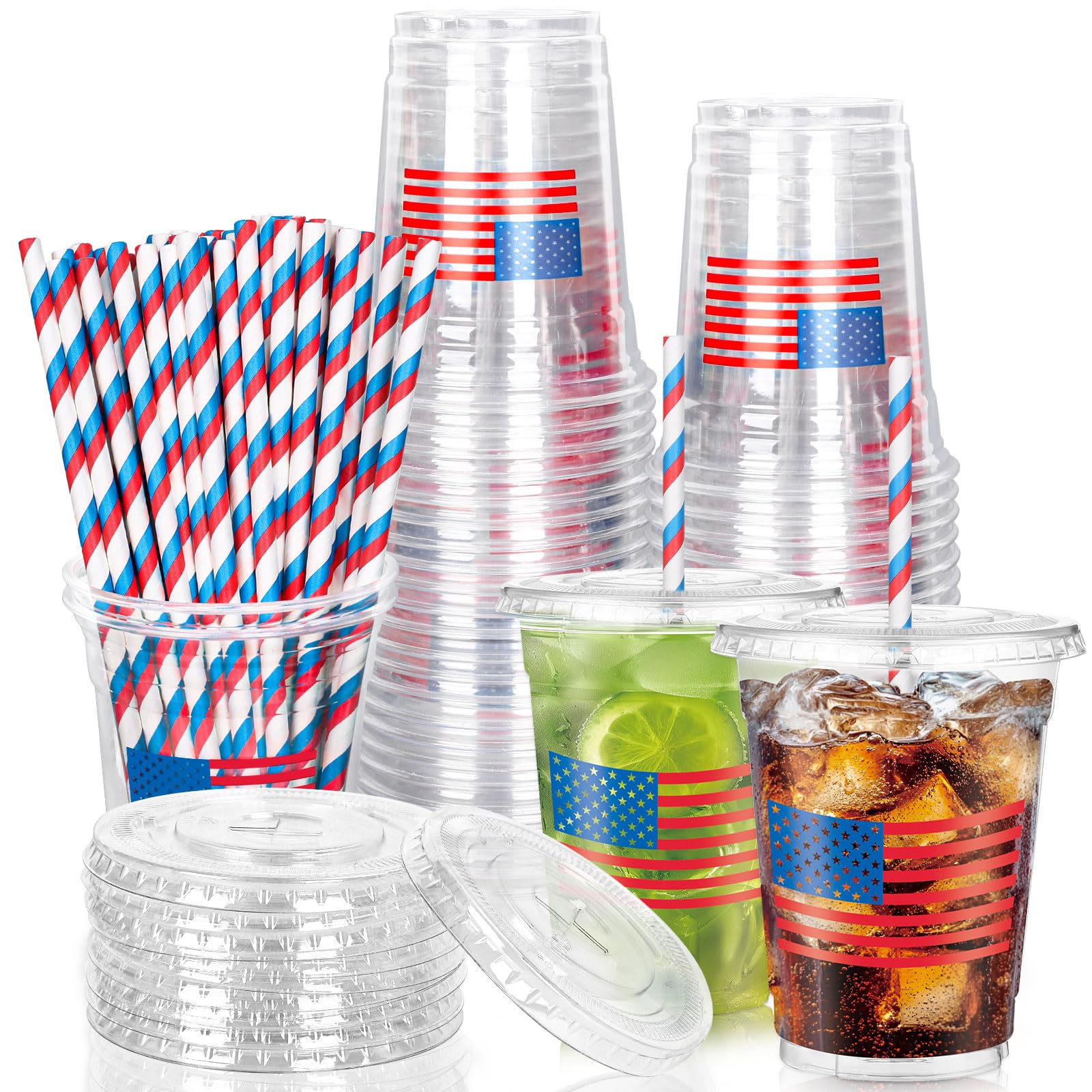 Whaline 50 Pcs Patriotic Clear Plastic Cups American Flag Disposable Cups with Lids and Straws 4th of July Cold Beverage Party D