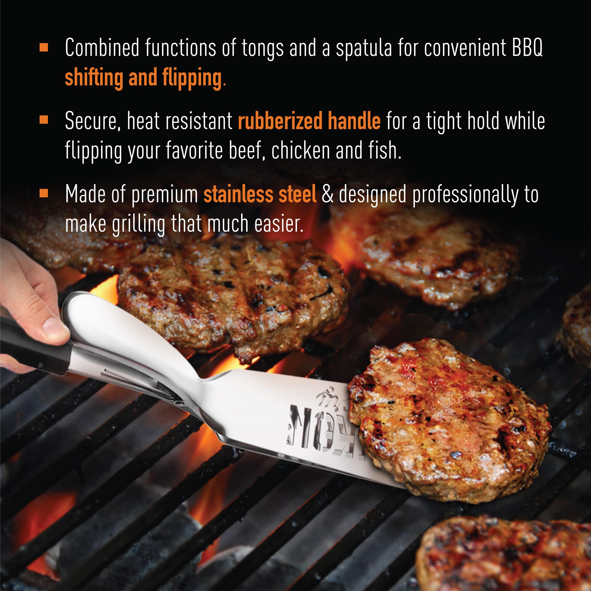 Yukon Glory Premium Stainless-Steel, Rubber-Grip Tongs-Spatula, Perfect For Grilling, Cooking, Frying, And Griddling