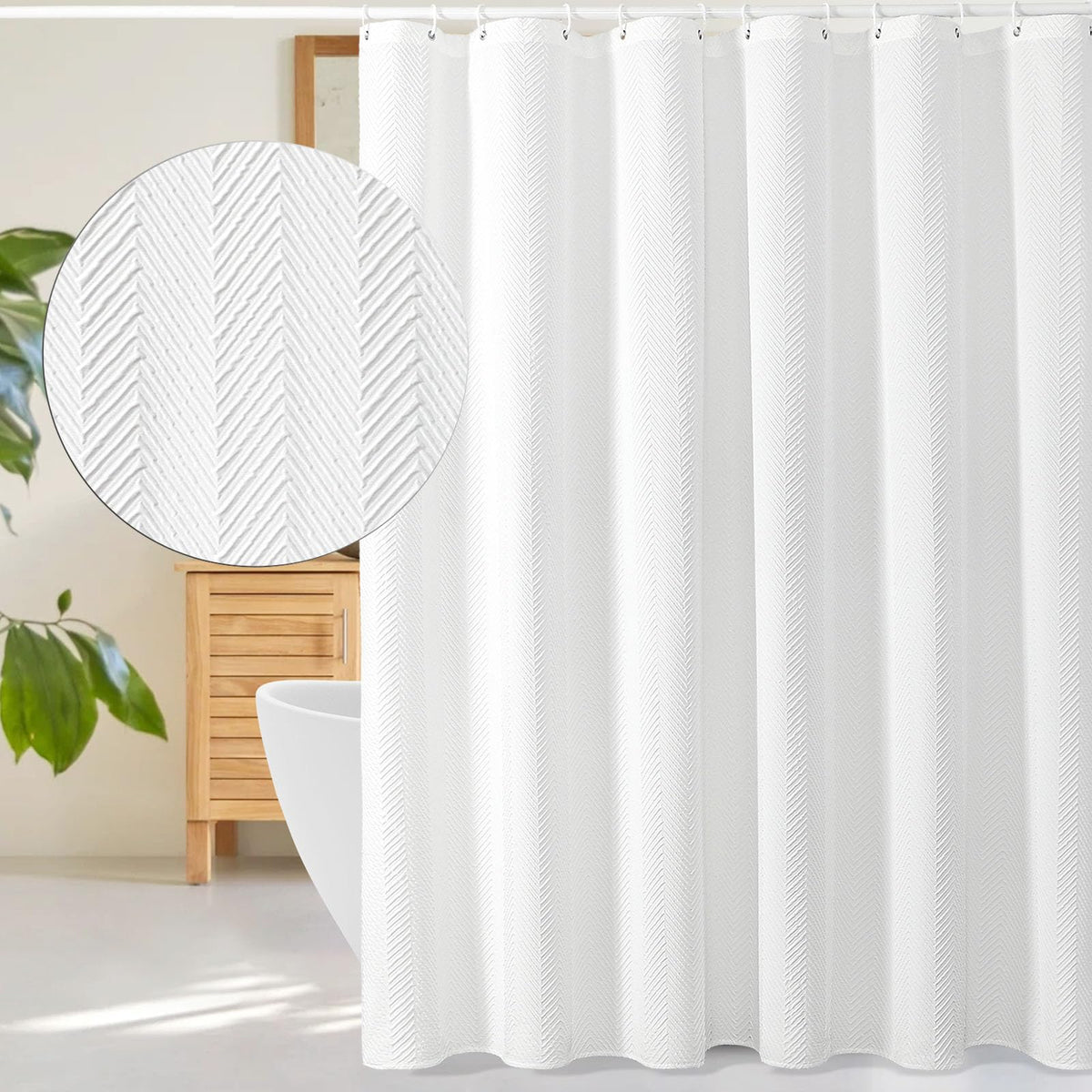 Gibelle White Shower Curtain, 3D Embossed Textured Herringbone Fabric Modern Farmhouse Bathroom Decor Soft Cloth Curtain Set Wit