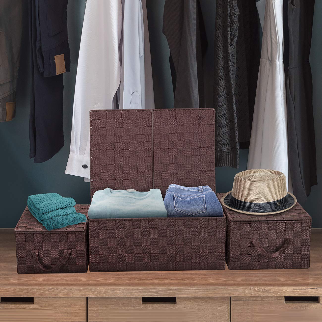 Sorbus Set Of 3 Storage Baskets For Organizing With Lid, Mesh Hand-Woven Design, Linen Closet Organizers And Storage, Organizer