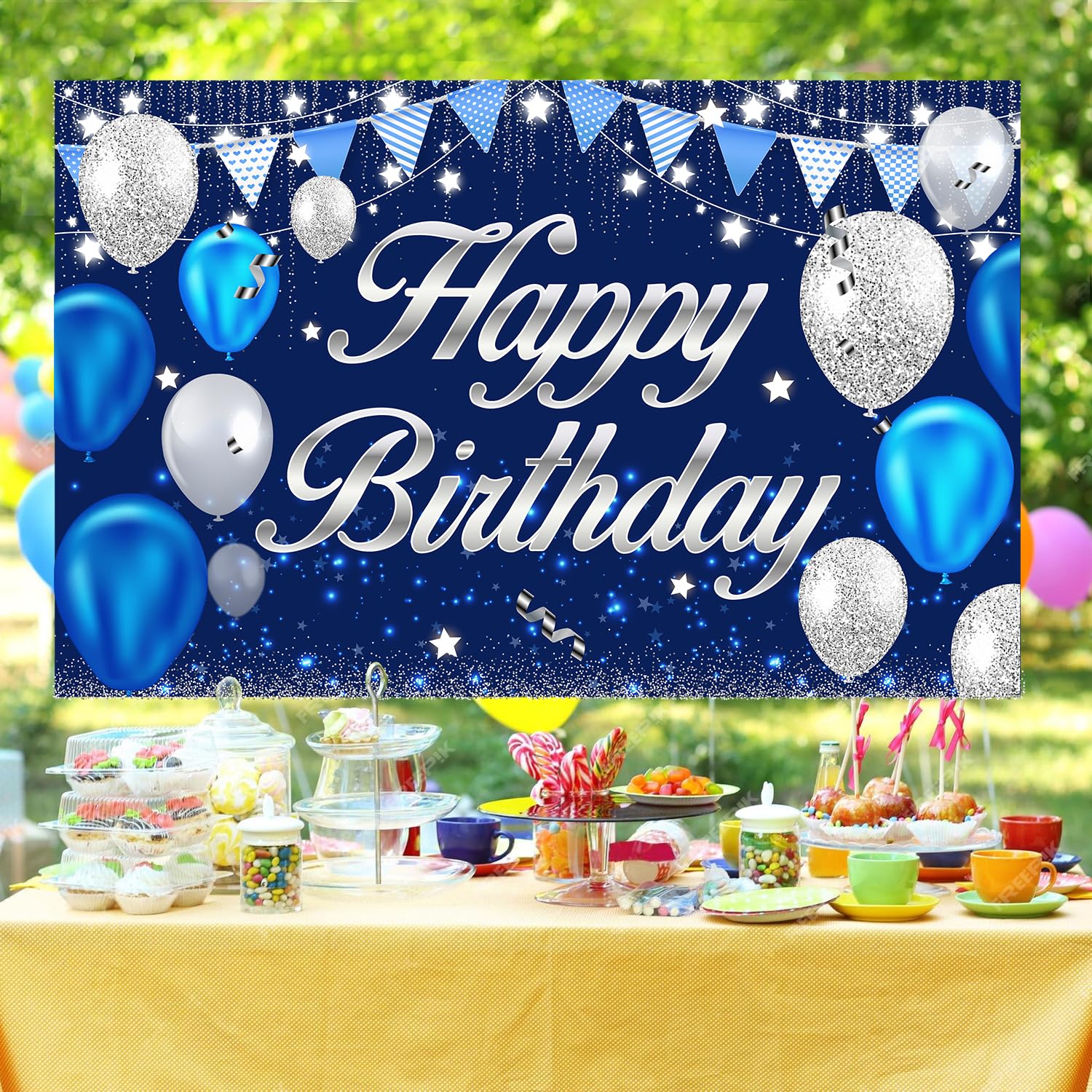 Mdcgfod Happy Birthday Banner - Birthday Decorations For Men Women Boys Girls Blue Sliver Birthday Party Banners Welcome Happy B