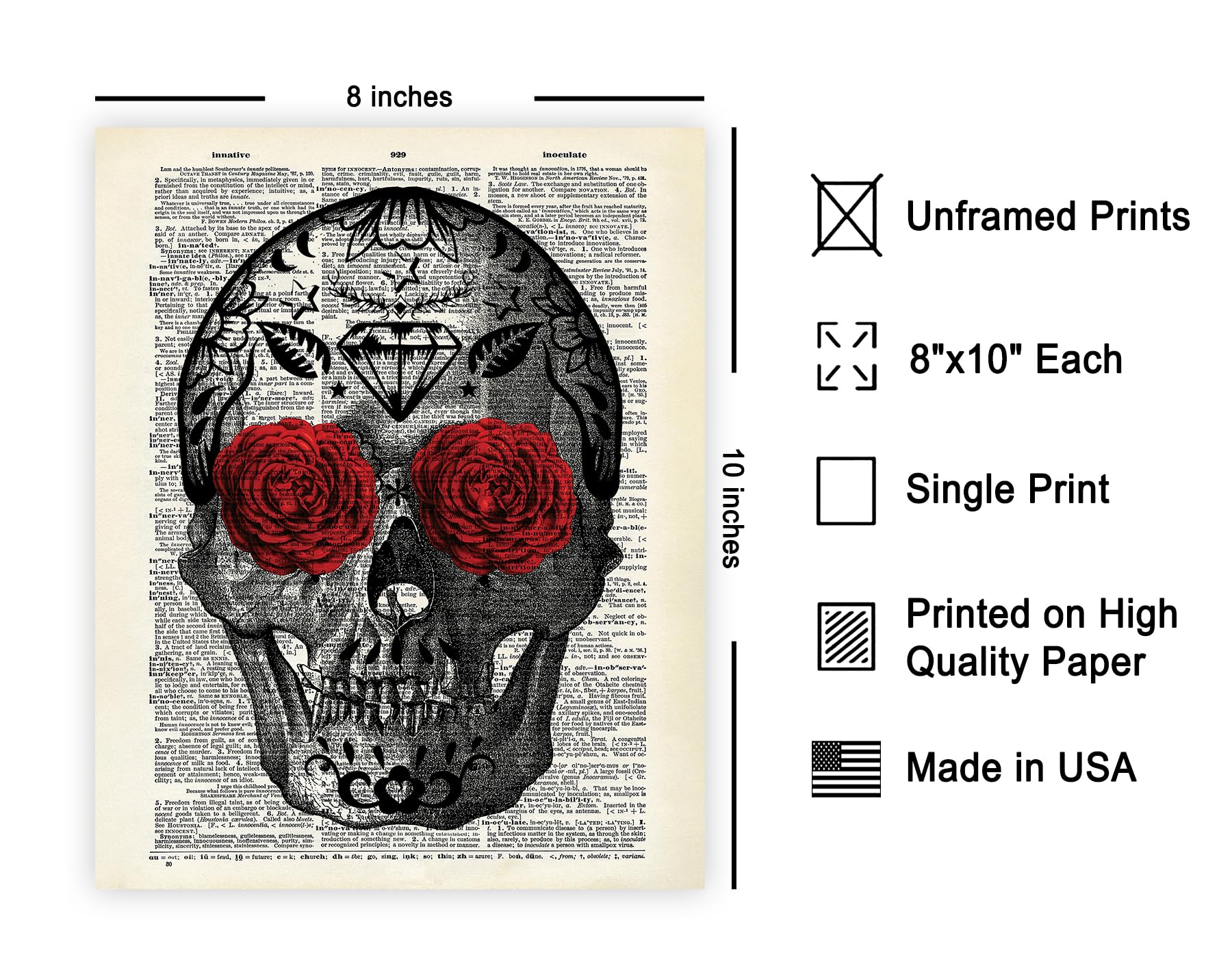 Poster Master Dictionary Art Poster - Flowery Eyes Skull Print - Skeleton Art - Flower Art - Red Rose Art - Gift For Him, Her -