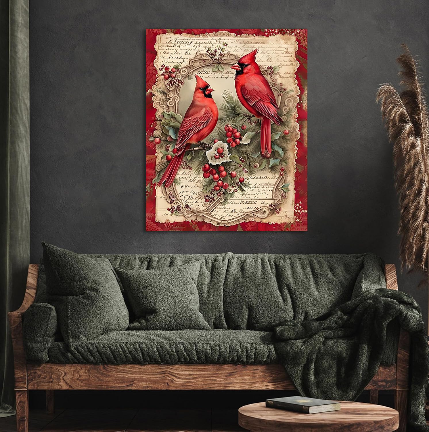 Merry Christmas Cardinal Canvas Wall Art Cardinal Duo Canvas Wall Decor Holly Farmhouse House Canvas Poster Decor Xmas Holiday D