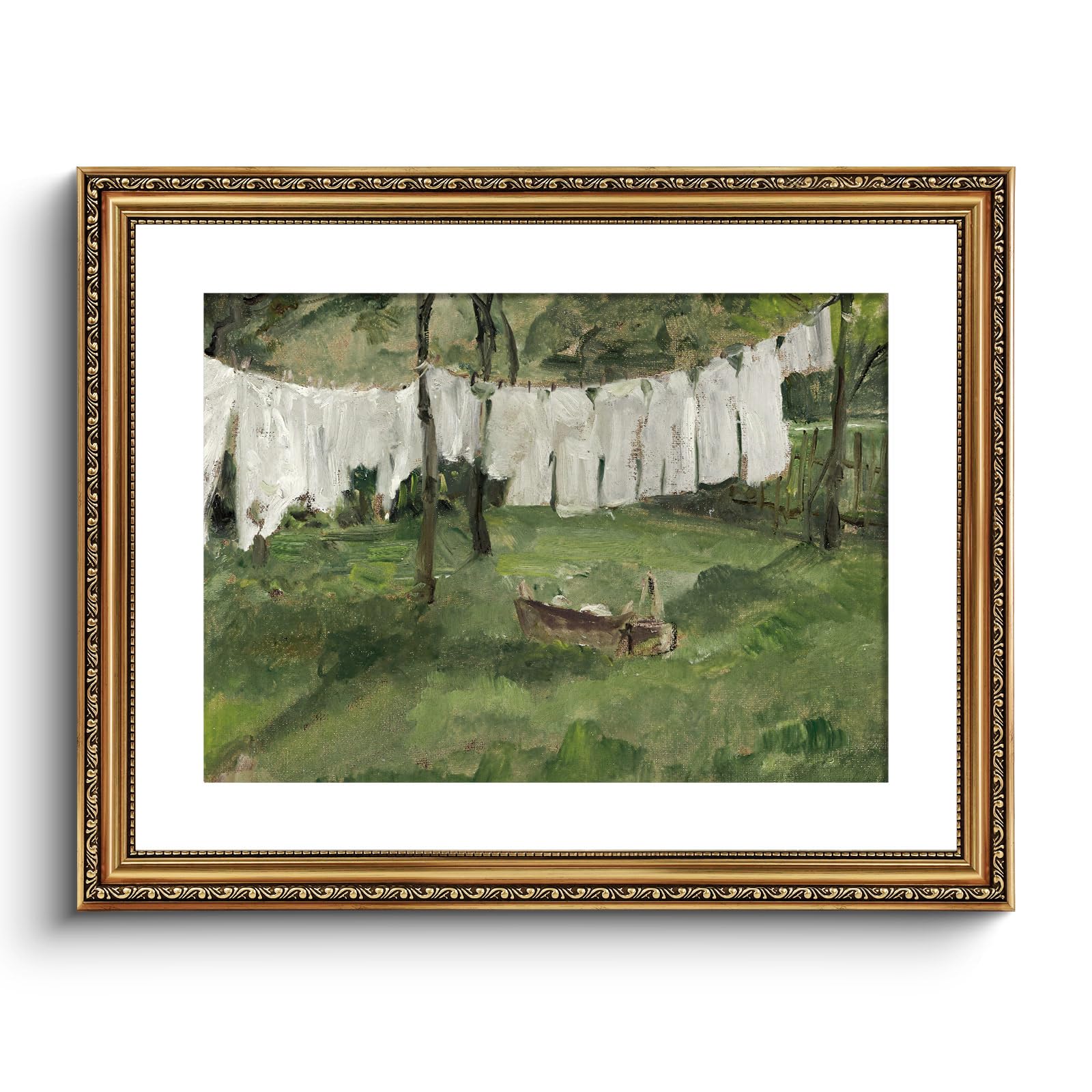 Viyyiea Gold Framed Wall Art Canvas Print Home Decor Vintage Laundry Room Art Prints Antique Country Oil Painting Green Landscap
