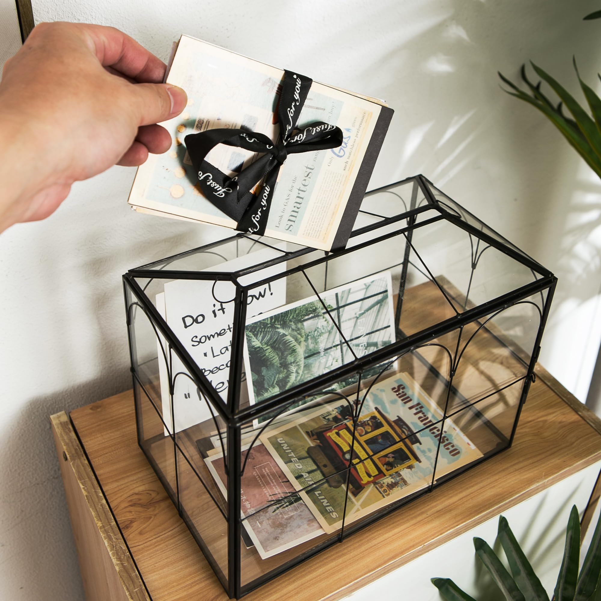 Sanllusit Wedding Card Box with Slot, 10.2'' Large Black Glass Card Boxes for Reception, Clear Decorative Storage Box with Lock