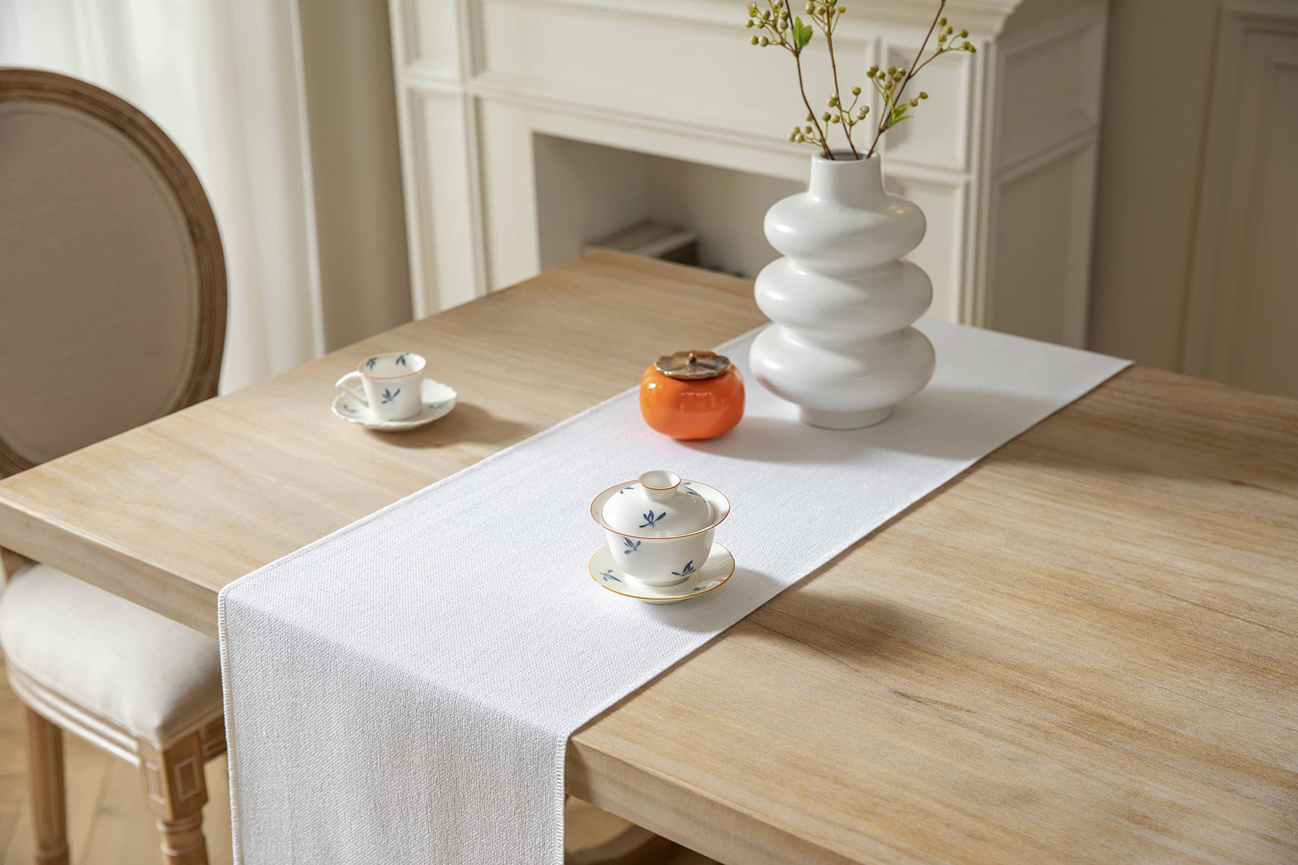 ZeeMart White Table Runners 108 Inches Long  Burlap Linen Style Rustic Farmhouse Table Runner  Long Boho Dining Table Runner  13x108 Inches  White