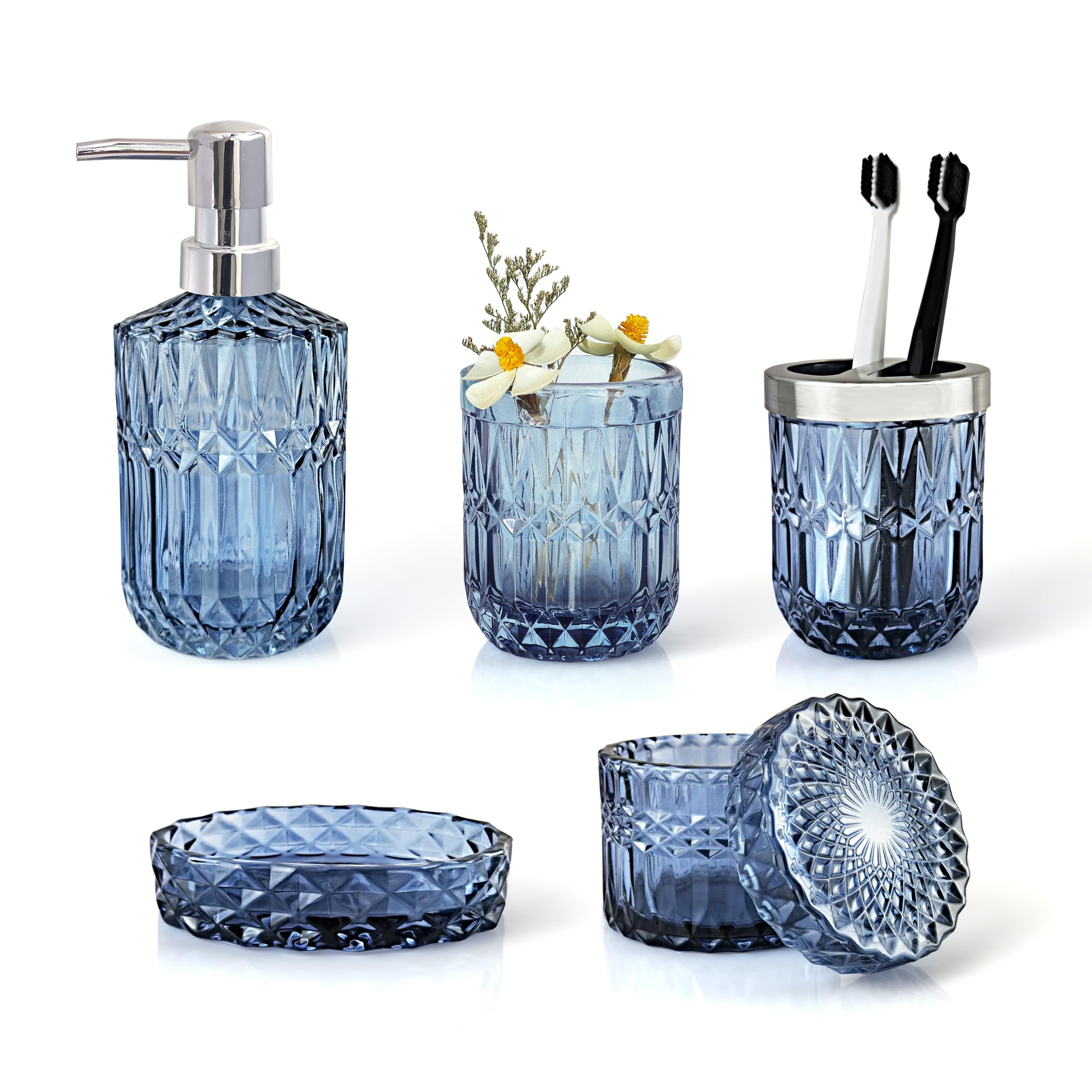 LaMarriti 5Pcs Blue Glass Bathroom Accessory Complete Set  Lotion Dispenser  Soap Dish  Tumbler  Cotton Swab Jars  Toothbrush Holder Set  Modern Bathroom Decor and Gift Set  Blue