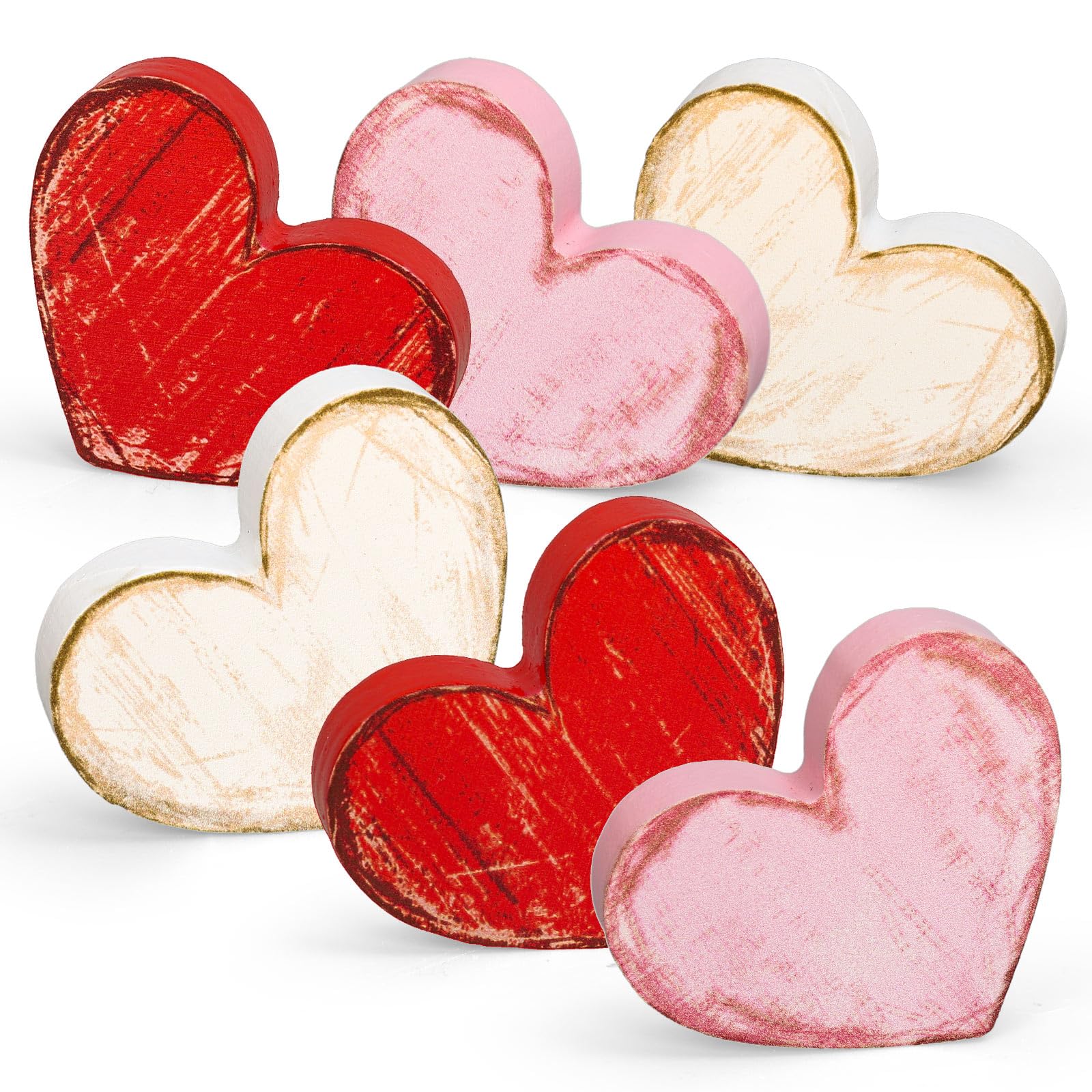 FYSUIMU 18 Pcs Valentines Day Heart Wooden Table Sign Tabletop Centerpiece Rustic Mini Love Heart Red Pink White Tiered Tray De