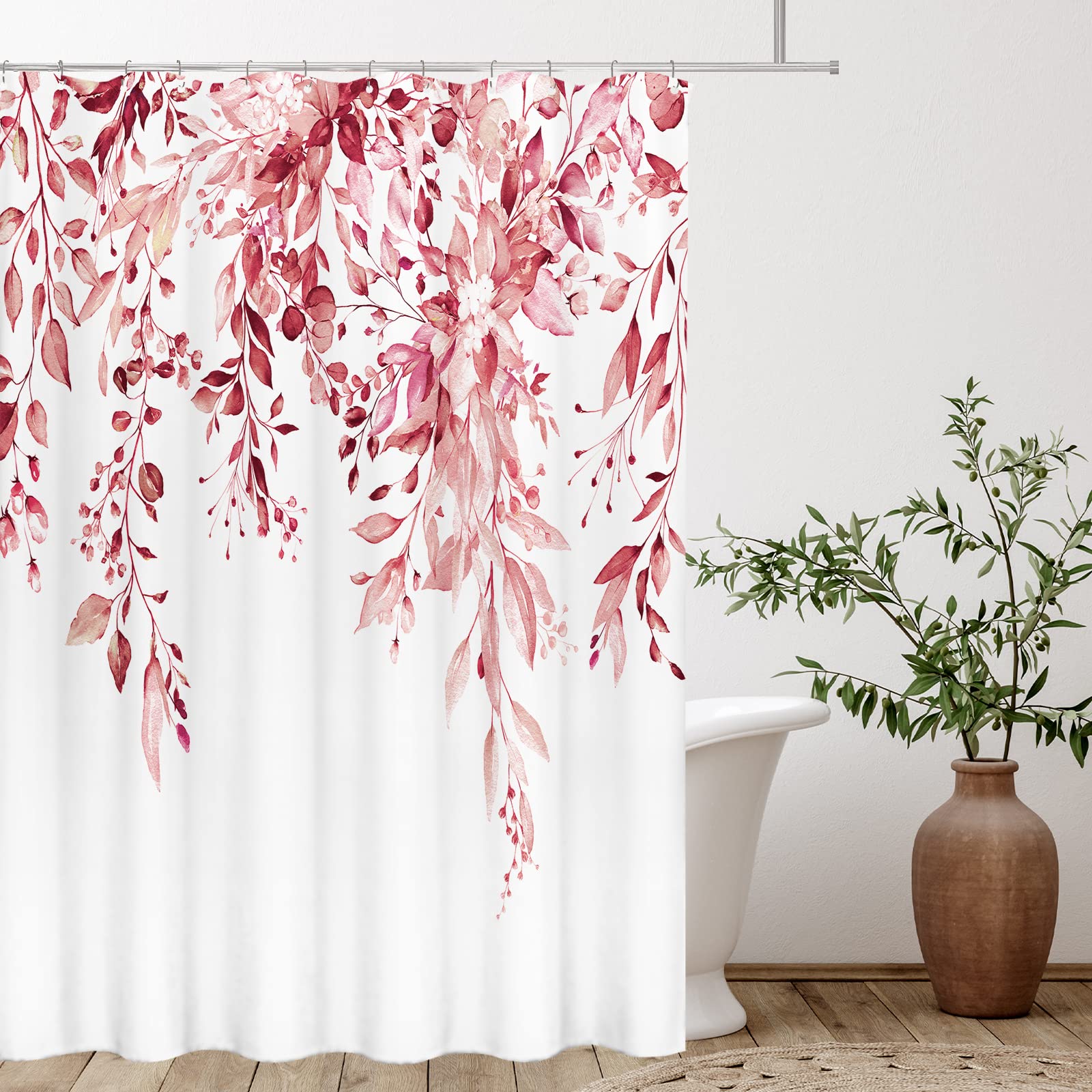 Tititex Pink Eucalyptus Shower Curtain Sets, Watercolor Blush Leaves On The Top Plant With Floral Bathroom Decoration 60X72 Inch