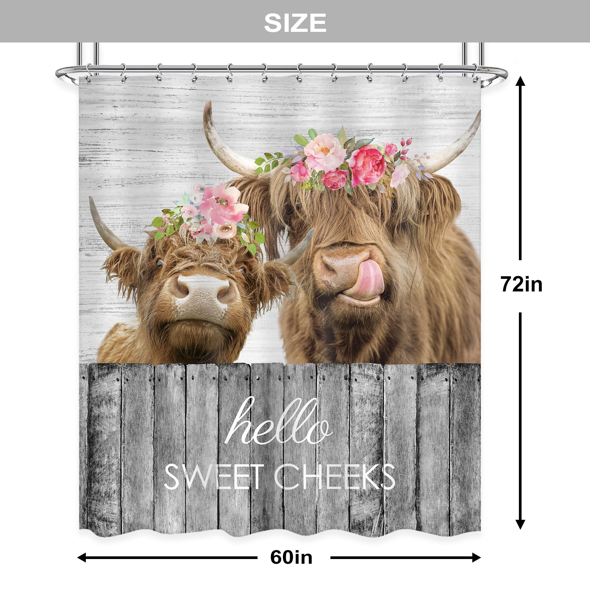 Newsely Farmhouse Highland Cow Shower Curtain 60Wx72H Inch Rustic Bull Western Funny Animal Floral Wood Board Shower Curtain Bat