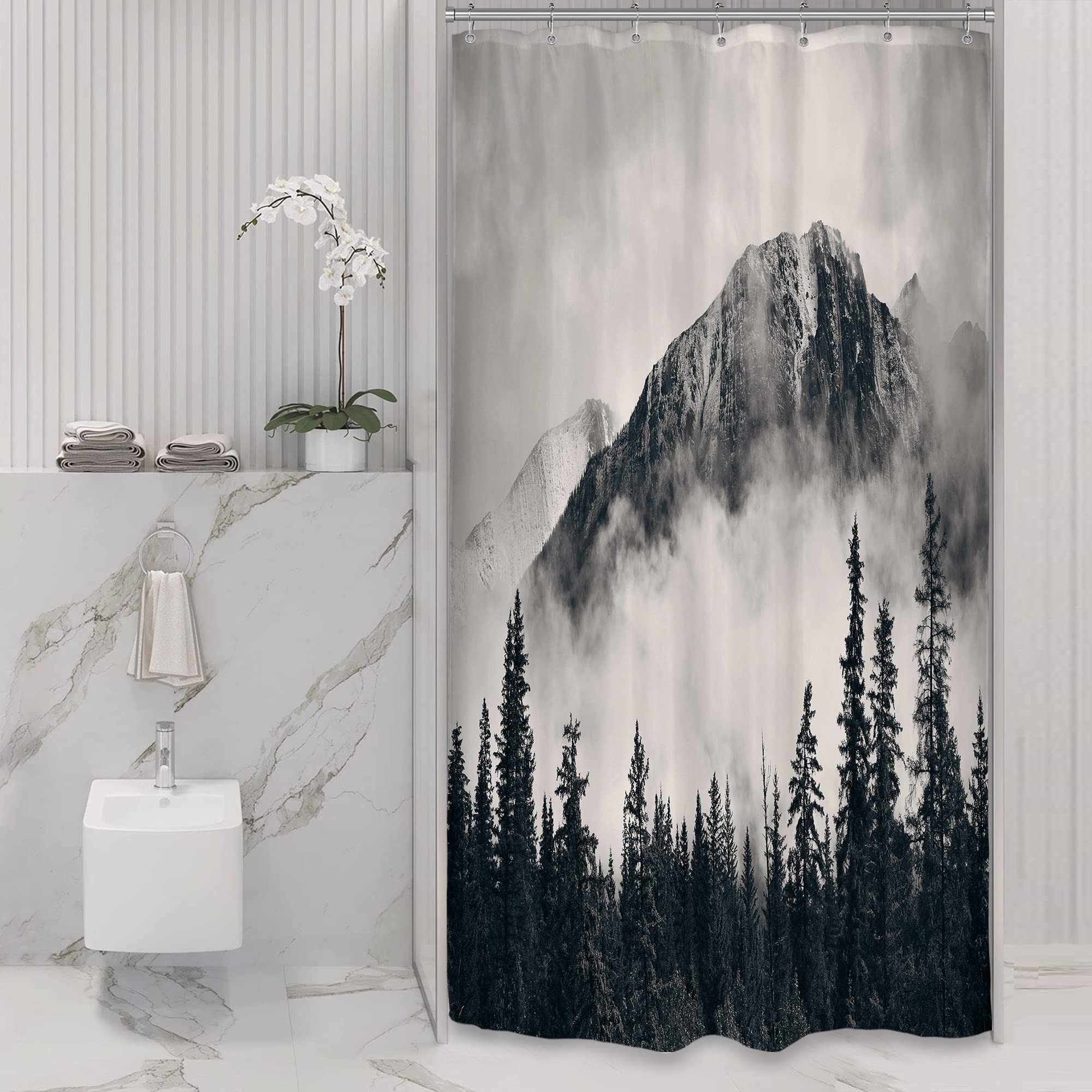 Riyidecor Small Stall Rv Misty Shower Curtain 39Wx72H Inch Mountain Nature Rustic Scenery Foggy Smokey Tree National Parks Outdo