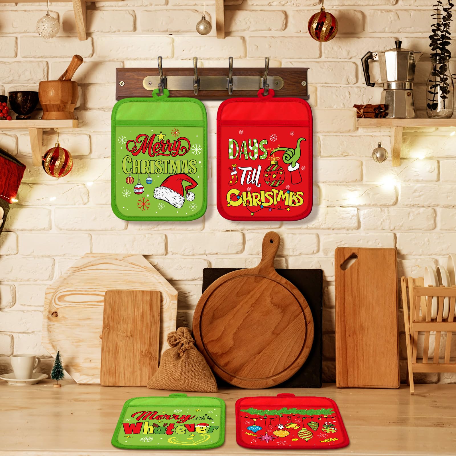 Jingmore 12 Pcs Christmas Pot Holders Bulk with Pocket Lime Green Xmas Pot Holders for Kitchen Red Green Santa Hot Pads and Oven