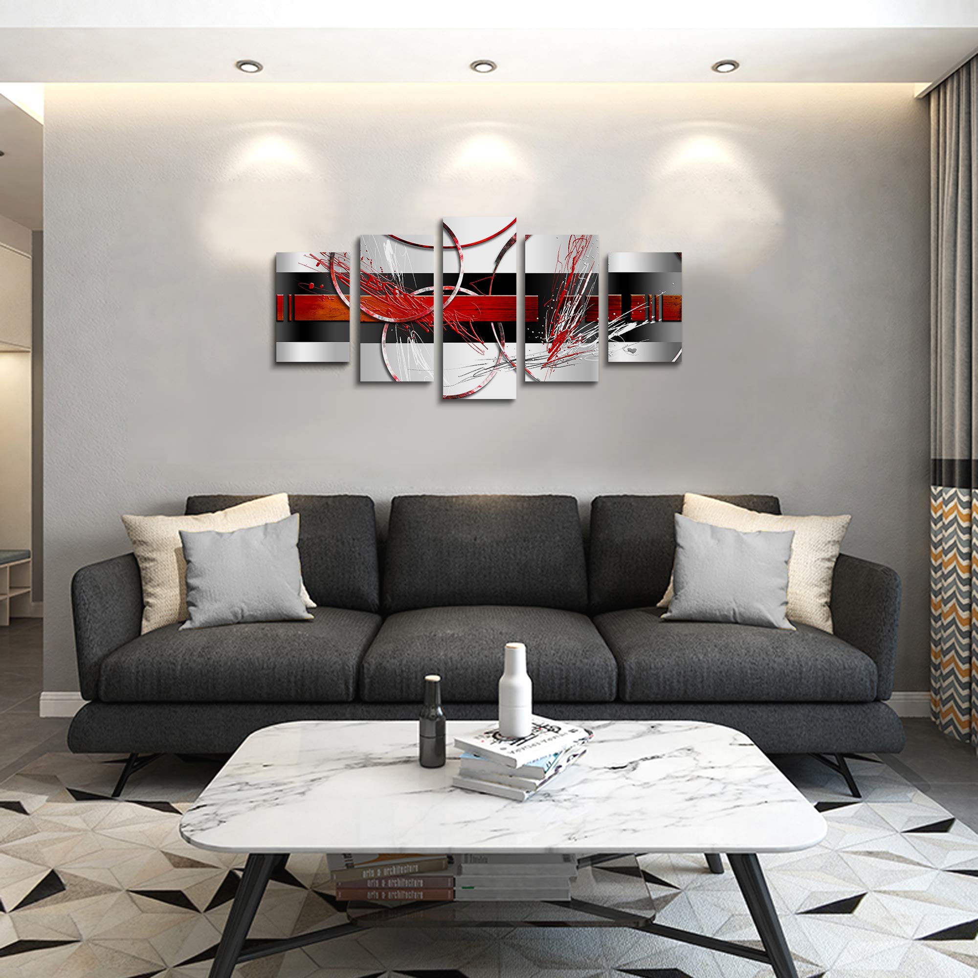 Black Red Picture - Abstract Circle Wall Art Square Picture  Line  and Canvas Painting  Art  Livingroom Decor (A 40''Wx20''H)