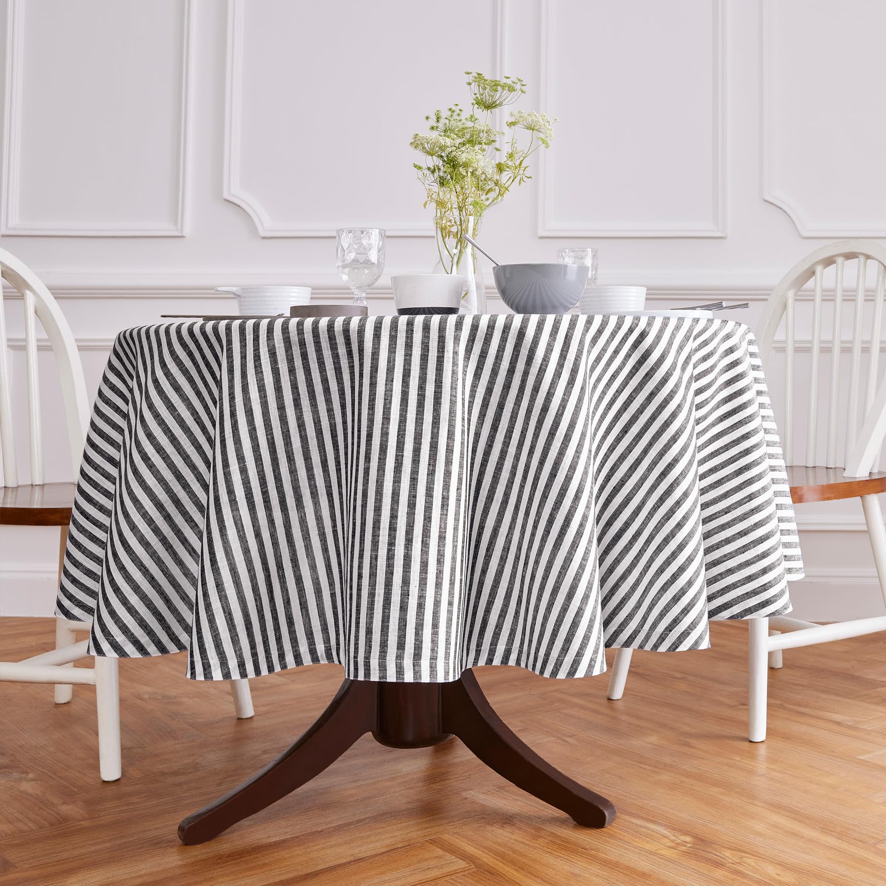 Solino Home Stripe Linen Round Tablecloth - 100% Pure Linen Black And White Tablecloth 60 Inch Diameter For Spring, Easter - Han