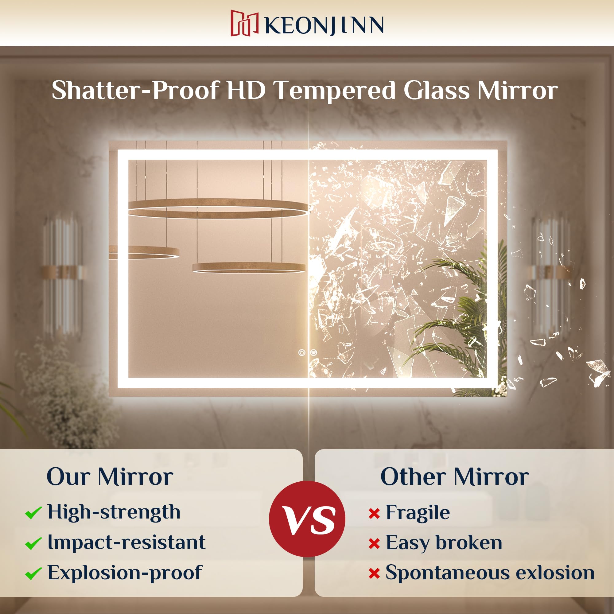 Keonjinn 48     X 36     Lighted Mirror For Bathroom Wall, Led Mirror With Frontlit & Backlit, Bathroom Mirror With Lights, Dimm