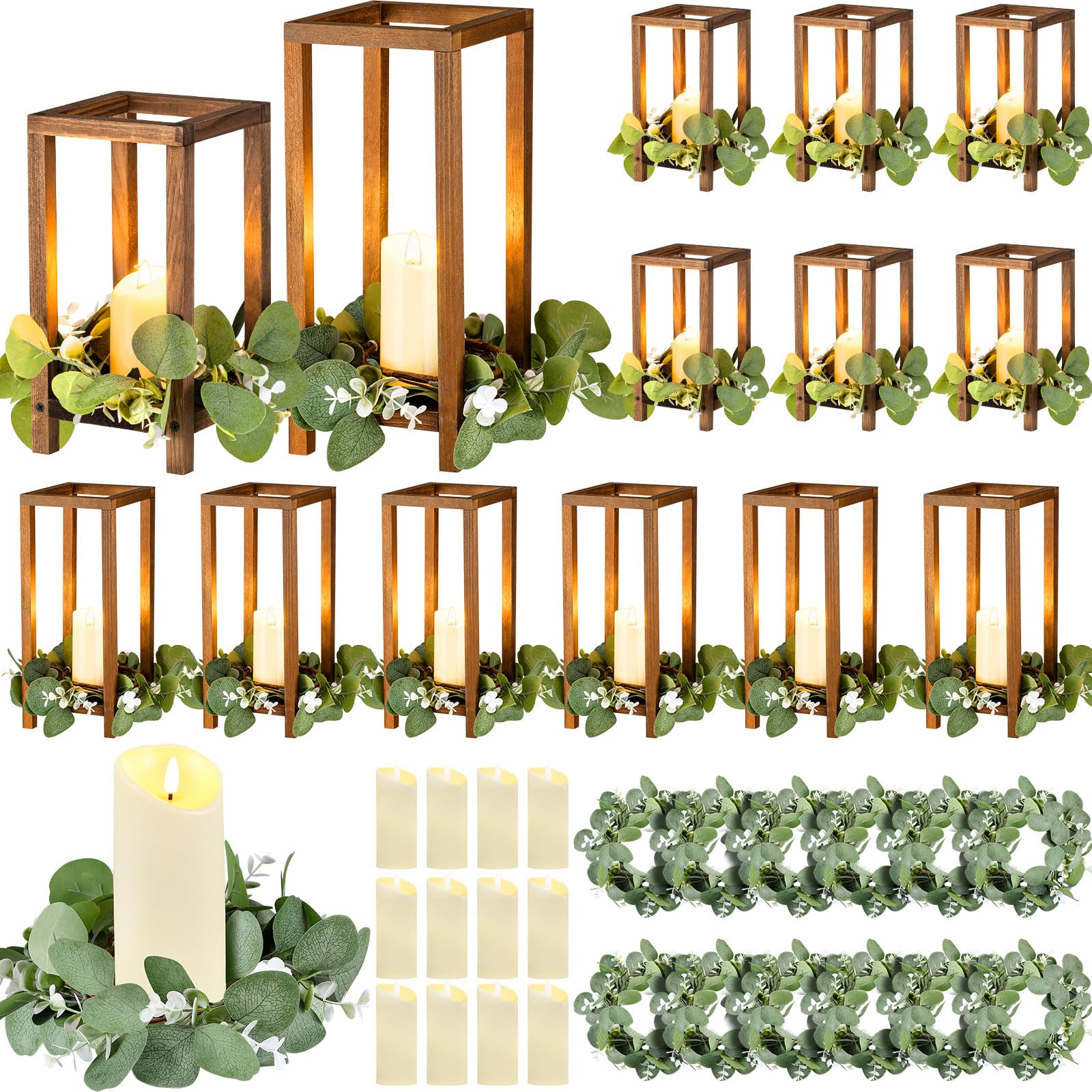 Geelin 12 Set 10.59  , 13   Brown Wooden Lanterns for Wedding Centerpieces Include 12 Wooden Lantern 12 LED Candle 12 Eucalyptus