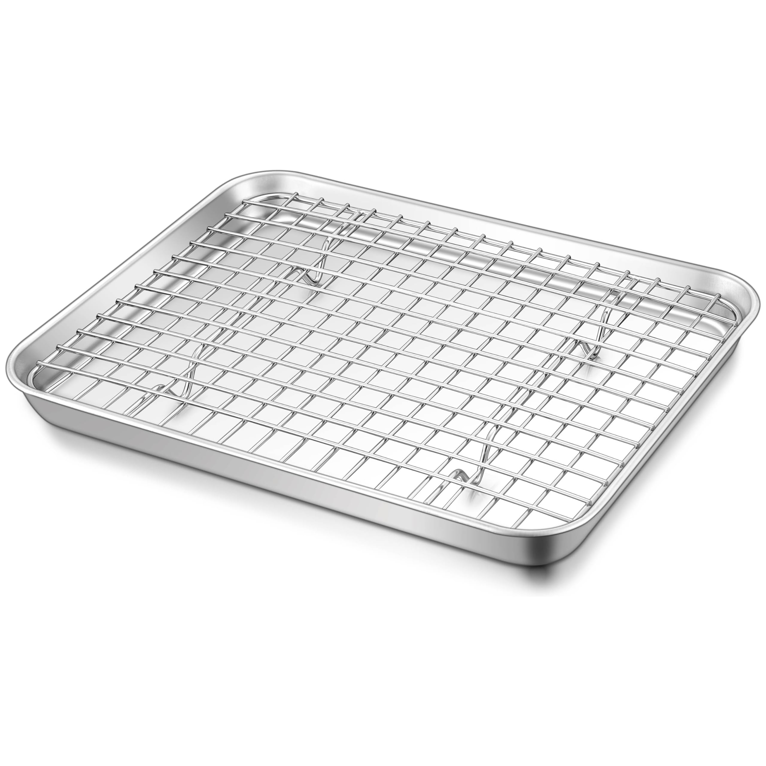 TeamFar Toaster Oven Pan with Cooling Rack Set, 10.5 x 8 x 1 Stainless Steel Compact Toaster Oven Small Baking Pan Tray with Min