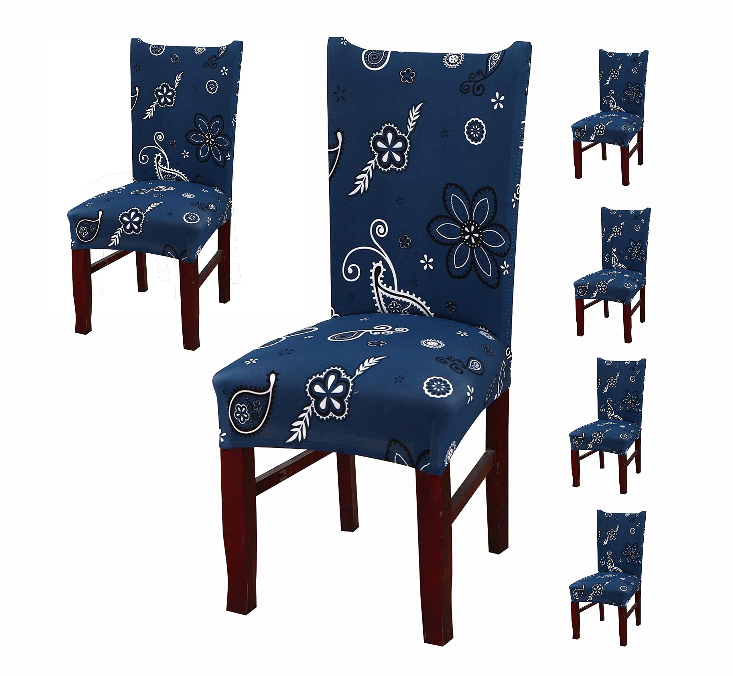 House Of Quirk Polyester Elastic Stretch Removable Washable Short Dining Chair Cover Seat Slipcover Protector (Dark Blue Paisley