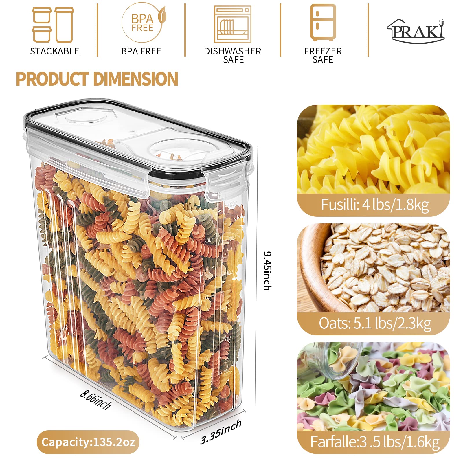 Praki Cereal Containers Storage Set (4L,135.2 Oz), 4Pcs Airtight Food Storage Containers With Pour Spout For Kitchen & Pantry Or
