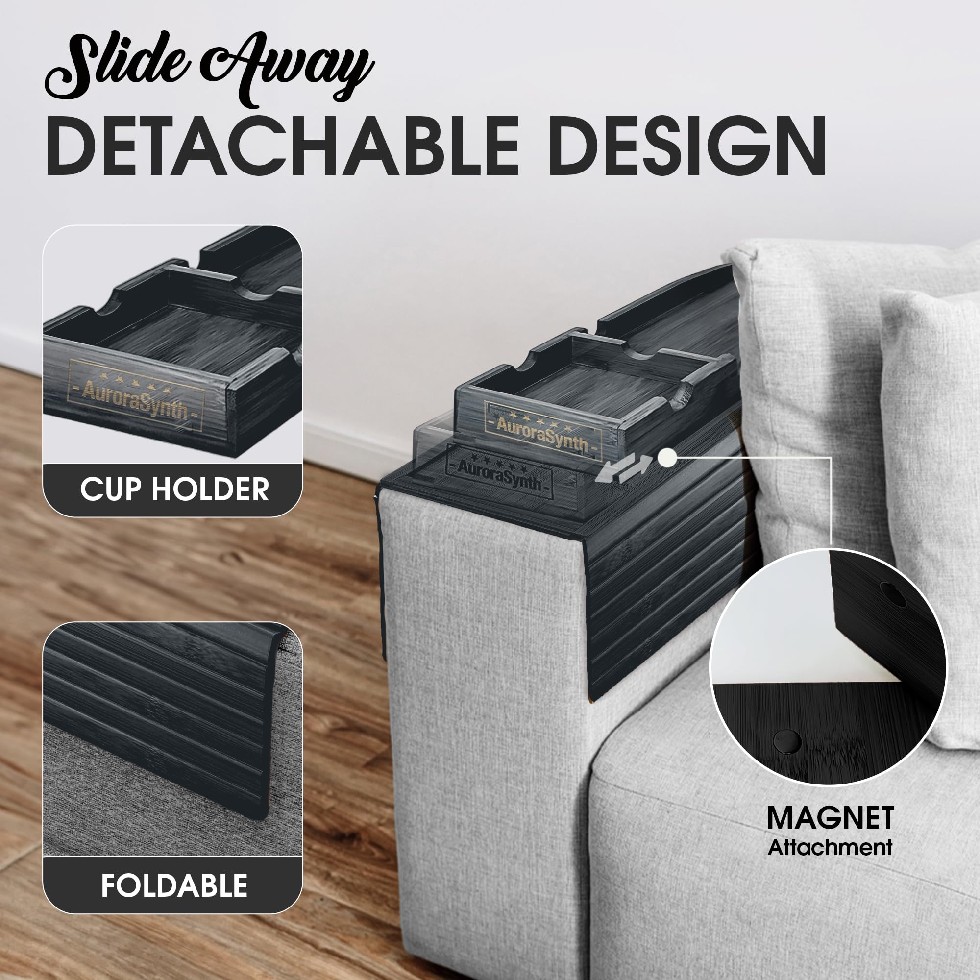 Couch Cup Holder With 2 Cork Coasters | Couch Caddy With Detachable Couch Cup Holder Tray | Anti-Slip Foldable Sofa Table Tray -