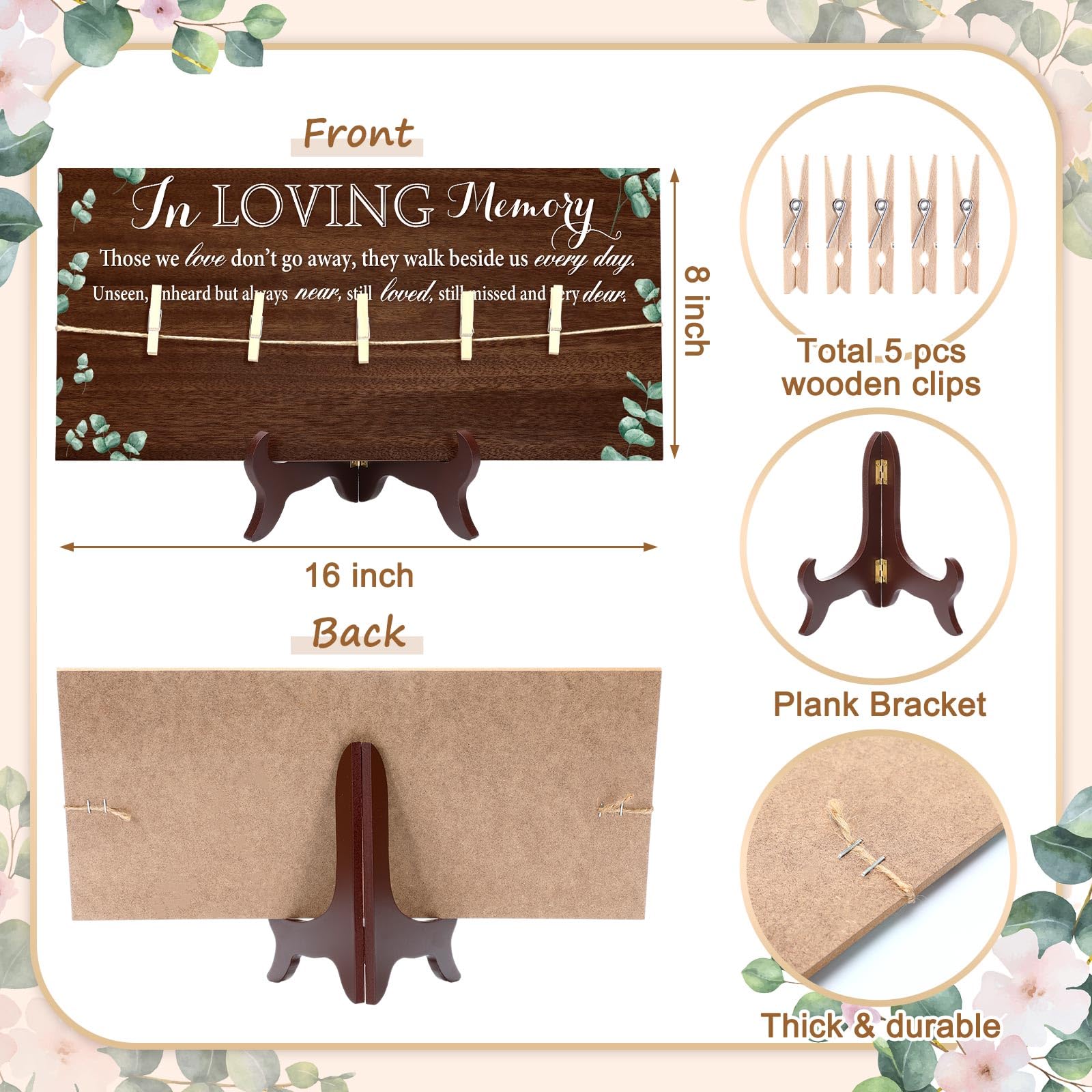RattanView Wood Memory Table Sign 16 x 8 Inch in Loving Memory Wedding Sign with 5 Clips Wedding Decor for Ceremony and Receptio