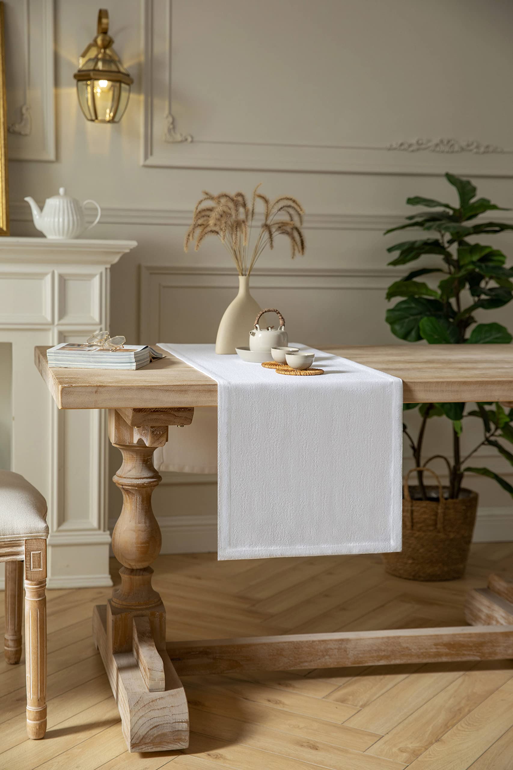 Zeemart Burlap Style Farmhouse Table Runners 36 Inches Long, White Rustic Woven Dining Table Runner For Everyday Use, 14X36 Inch