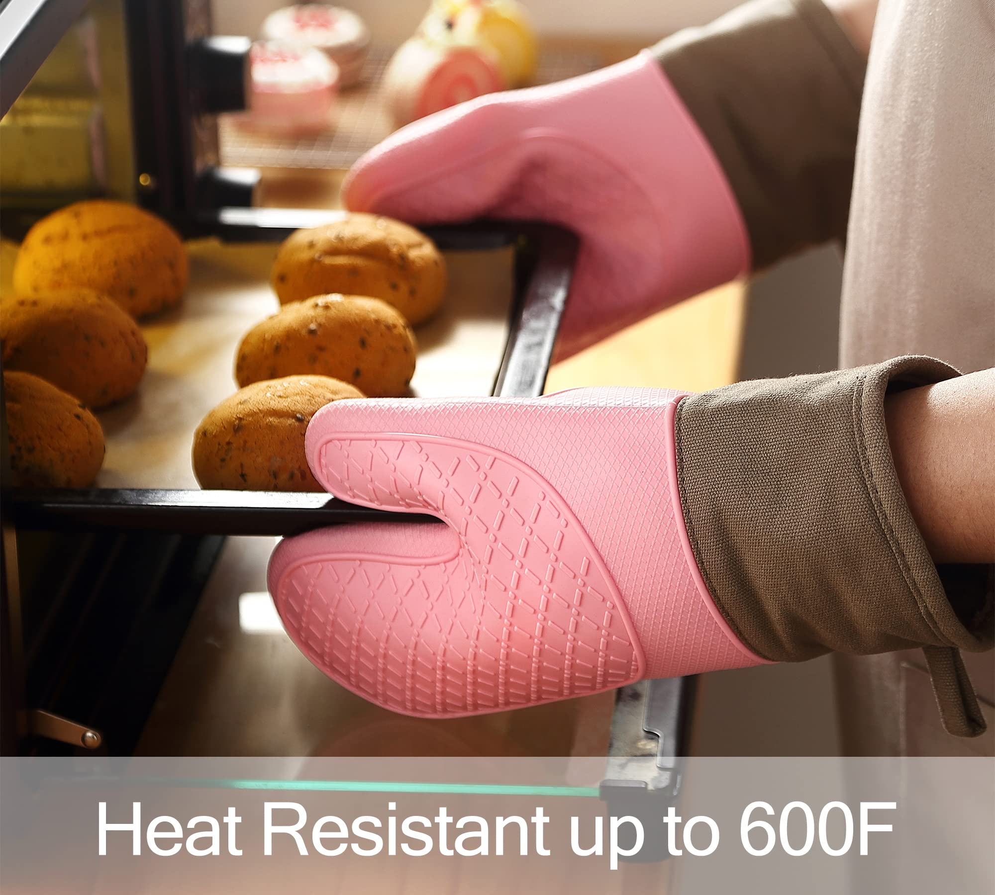 Domonic Home Oven Mitts And Pot Holders Sets, Silicone Oven Mitts Heat Resistant 600F, Oven Mitt Set Soft Lining Good Grip, Oven