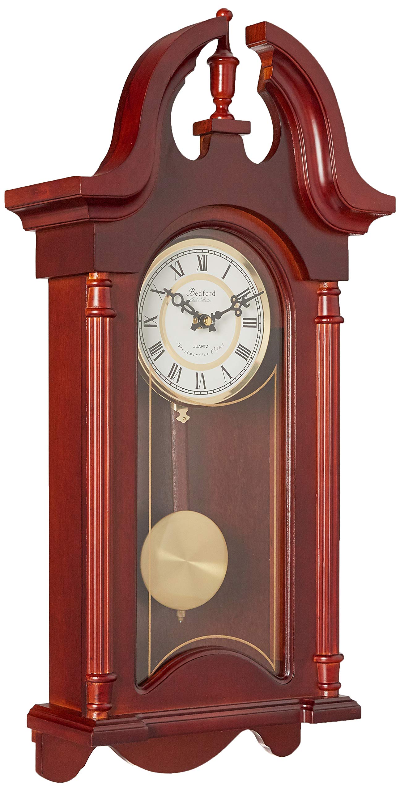 Bedford Clock Collection BED-1915 26.5 Colonial Mahogany Cherry Oak Finish Chiming Wall Clock with Roman Numerals